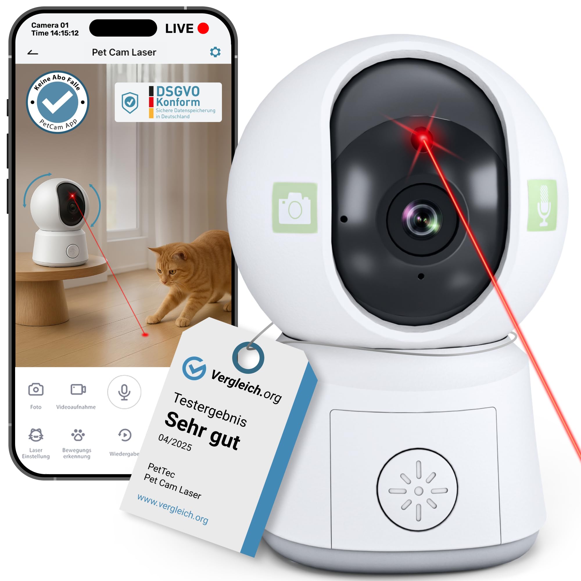 PetTec® Pet Cam Laser - Haustierkamera mit App [OHNE ABO-Falle] - Katzen Kamera Zuhause mit Bewegungserkennung & Nachtsichtfunktion - 4MP Rundumblick 360° Schwenken & Neigen - Katzenspielzeug