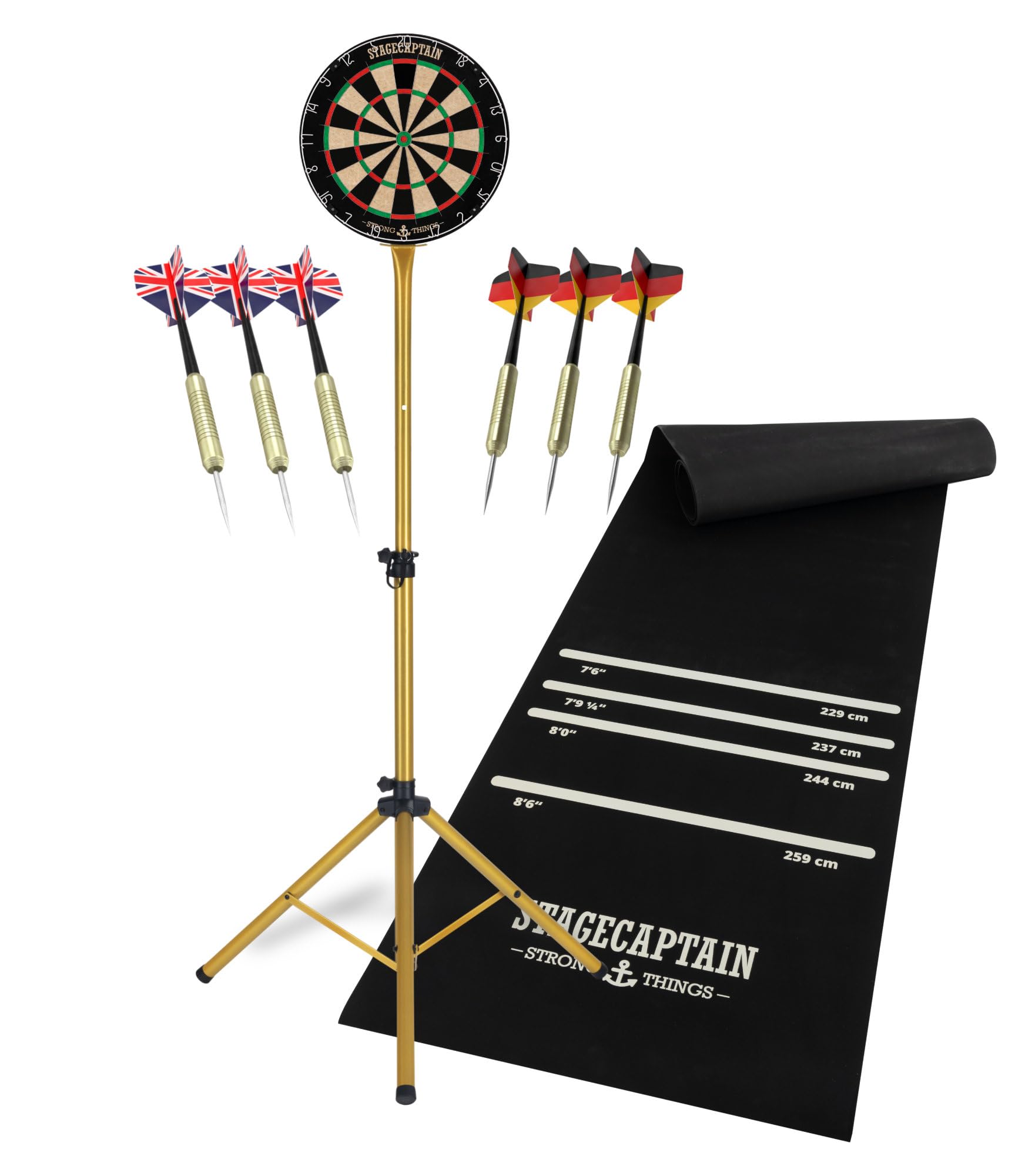 Stagecaptain DBS-1715 Bullseye Pro Cible de Fléchettes Complète - Steeldarts en Sisal, Tapis Caoutchouc, Support réglable, 6 fléchettes, 4 Sets de Flights - Or.