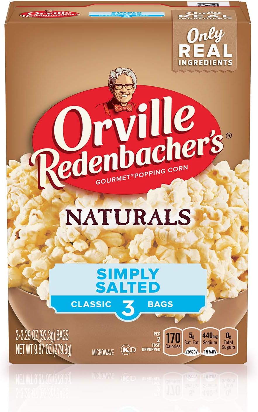 Orville Redenbacher’s Microwave Popcorn, Naturals Simply Salted Flavor, 3g Fiber Per Serving, 3.29 oz., 3-Count (12 Boxes)