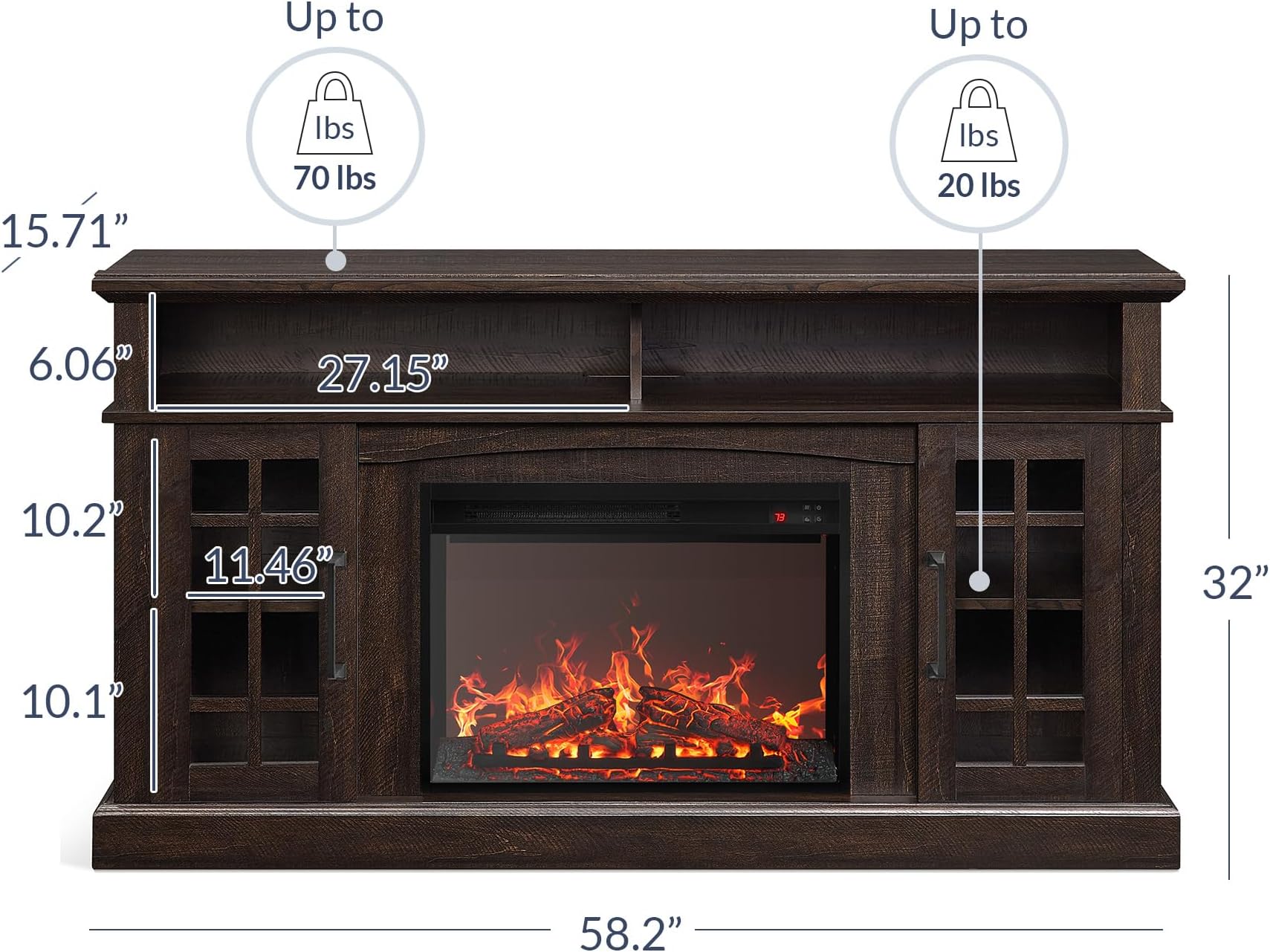 BELLEZE Traditional Rustic Electric Fireplace TV Stand & Media Entertainment Center Console Table for TVs up to 65 Inches - Astorga (Espresso)