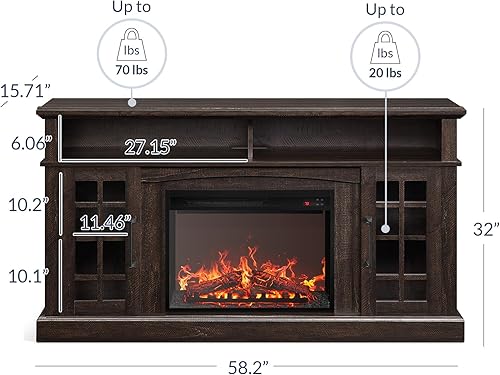 Miniatura 5 de BELLEZE Soporte de TV rústico tradicional de 58 pulgadas con calentador eléctrico de chimenea de 23 pulgadas con sonido, mesa consola central de