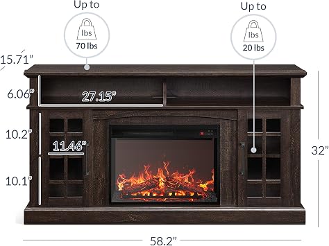 BELLEZE Traditional 58 Rustic TV Stand with 23 Electric Fireplace Heater with Sound, Media Entertainment Center Console Table for TV up to 65 with Open Storage Shelves and Cabinets - Espresso