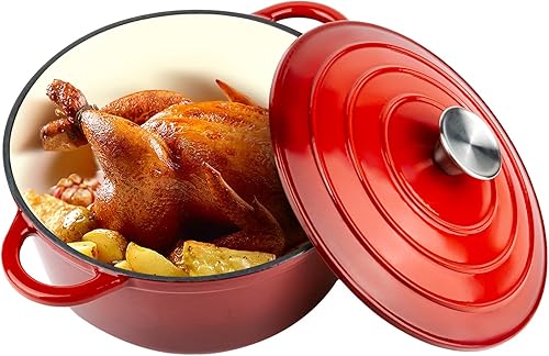Miereirl Olla de horno holandés esmaltada de 5.5 cuartos con tapa, horno holandés de hierro fundido con doble asa para hornear pan, cocinar,