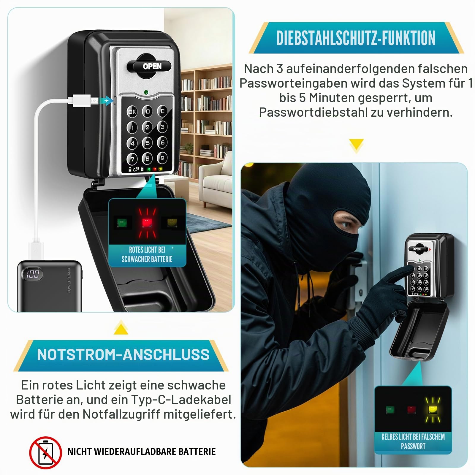Schlüsseltresor mit Zahlencode Elektronischer Schlüsselsafe mit Code 4-10 Stellig Schlüsselkasten Groß Wasserdicht Schlüsselbox Hohe Sicherheit Schlüsselschrank für Haus Garage Büro (Grau)