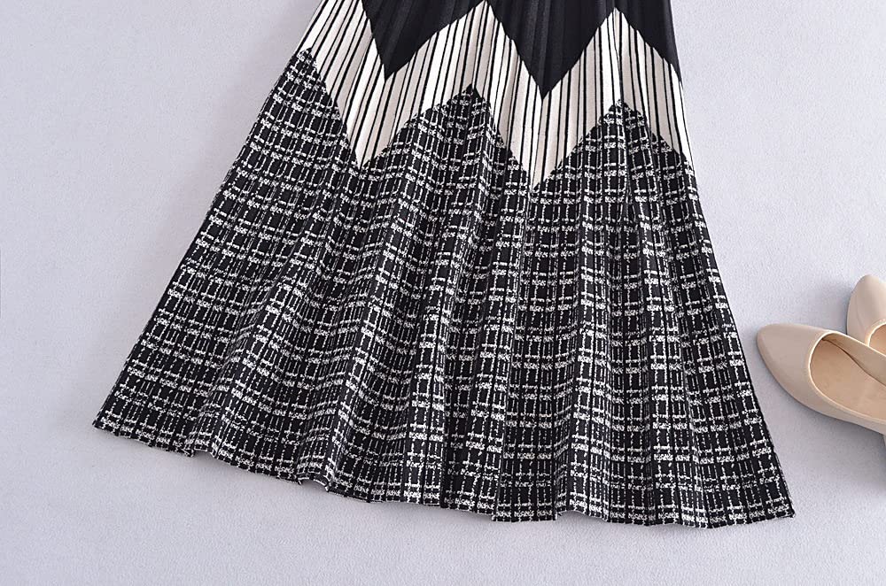 Faldas para Mujer Reino Unido,Falda De Invierno A Cuadros Cintura Elástica Onda Falda Plisada De Talle Alto De Punto Negro Faldas Plisadas Midi Acampanadas para(Coffee)