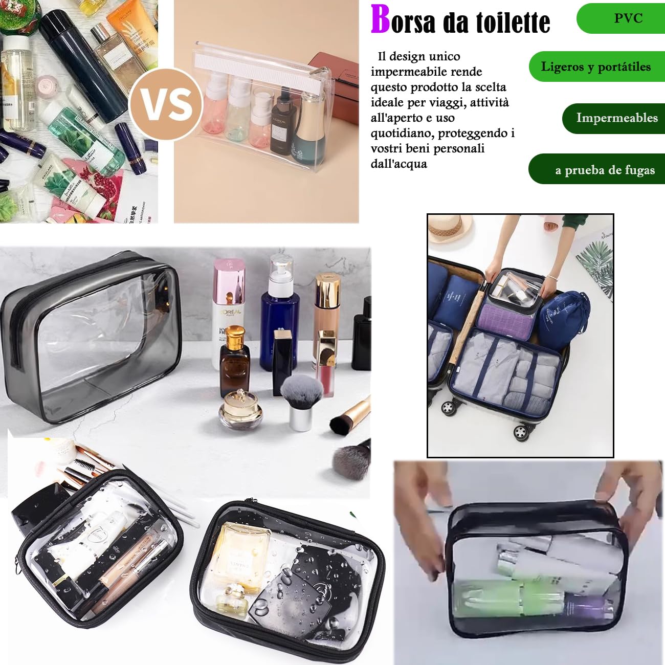 Set Borsa da Toilette Trasparente e Bottigliette da Viaggio per Aereo, Contenitori per Liquidi, Beauty Case da Viaggio, Trousse Trasparente, Busta e 8 Pcs Bottiglie Set per Cosmetici, Kit da Aereo