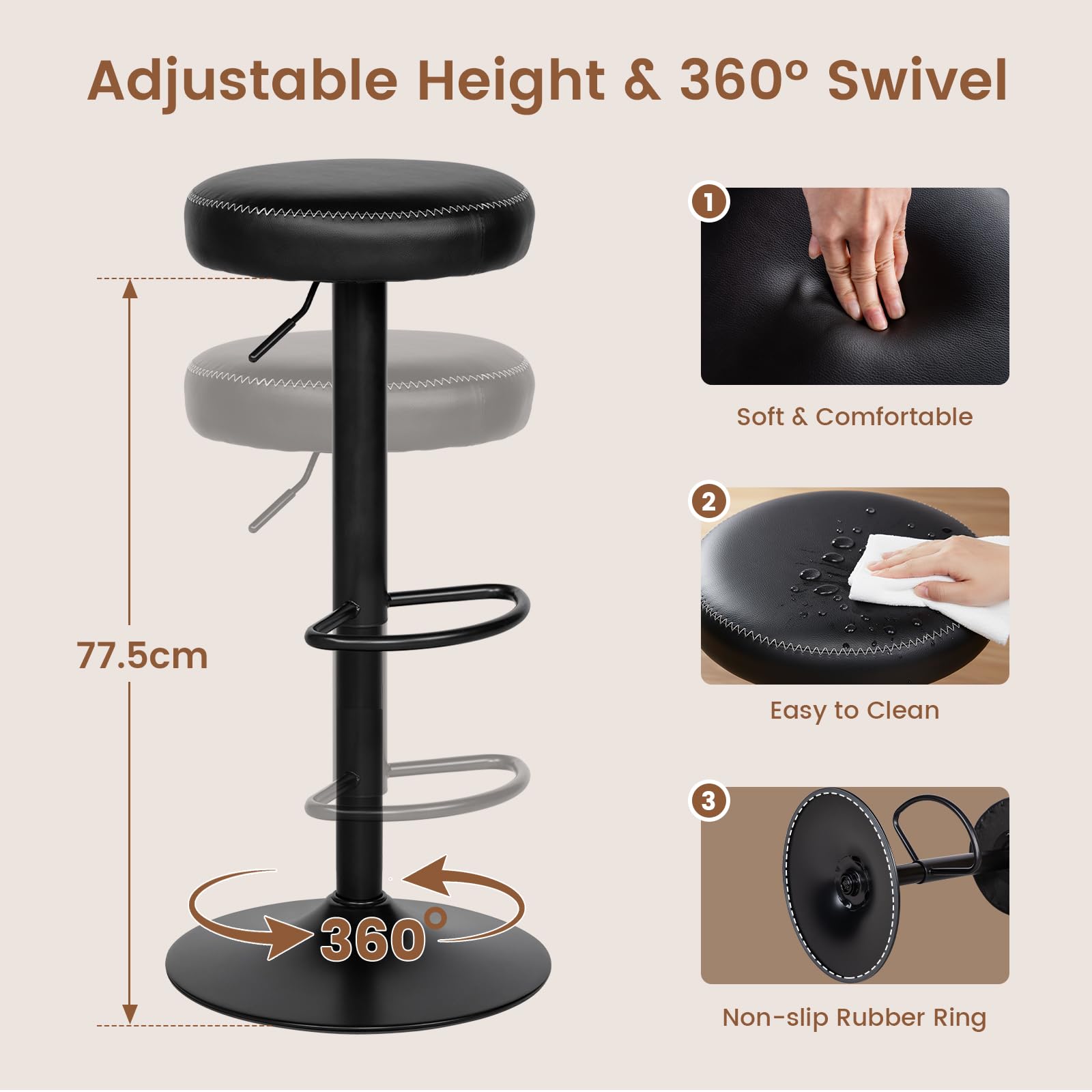 buybyroom Sgabello Cucina, Set di 2 Sgabelli da Bar Regolabili in Altezza con Poggiapiedi, Girevoli a 360°, Senza Schienale, Cuscino 8 cm, per Isola Cucina, Home Bar e Sala da Pranzo, PU, Nero
