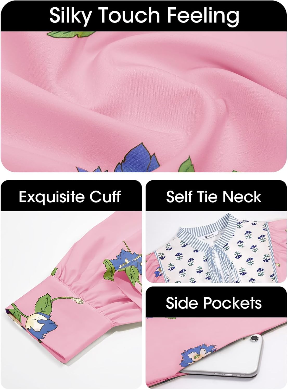 Wenrine Womens Casual Floral Mini Dress 2025 Fall Long Sleeve V Neck Patchwork Loose Boho Shirt Dresses - Image 5