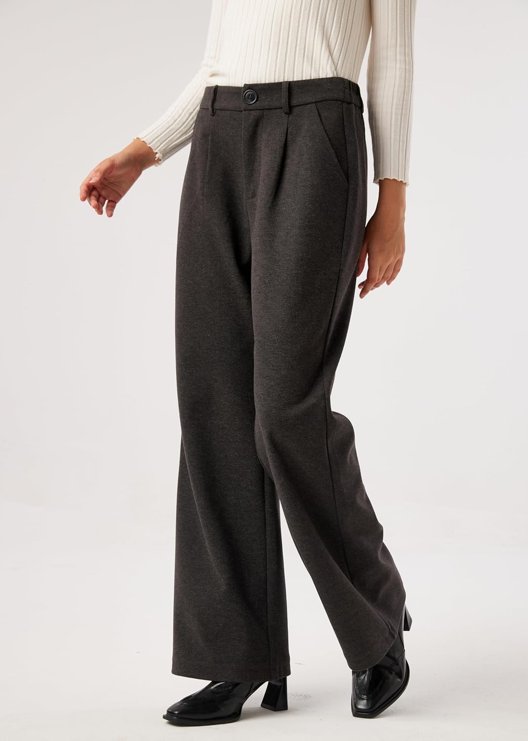 heipeiwa Women's Winter Fall Wool Blend Thick Warm Wide Leg Dress Business Casual Pants Trouser - Image 2