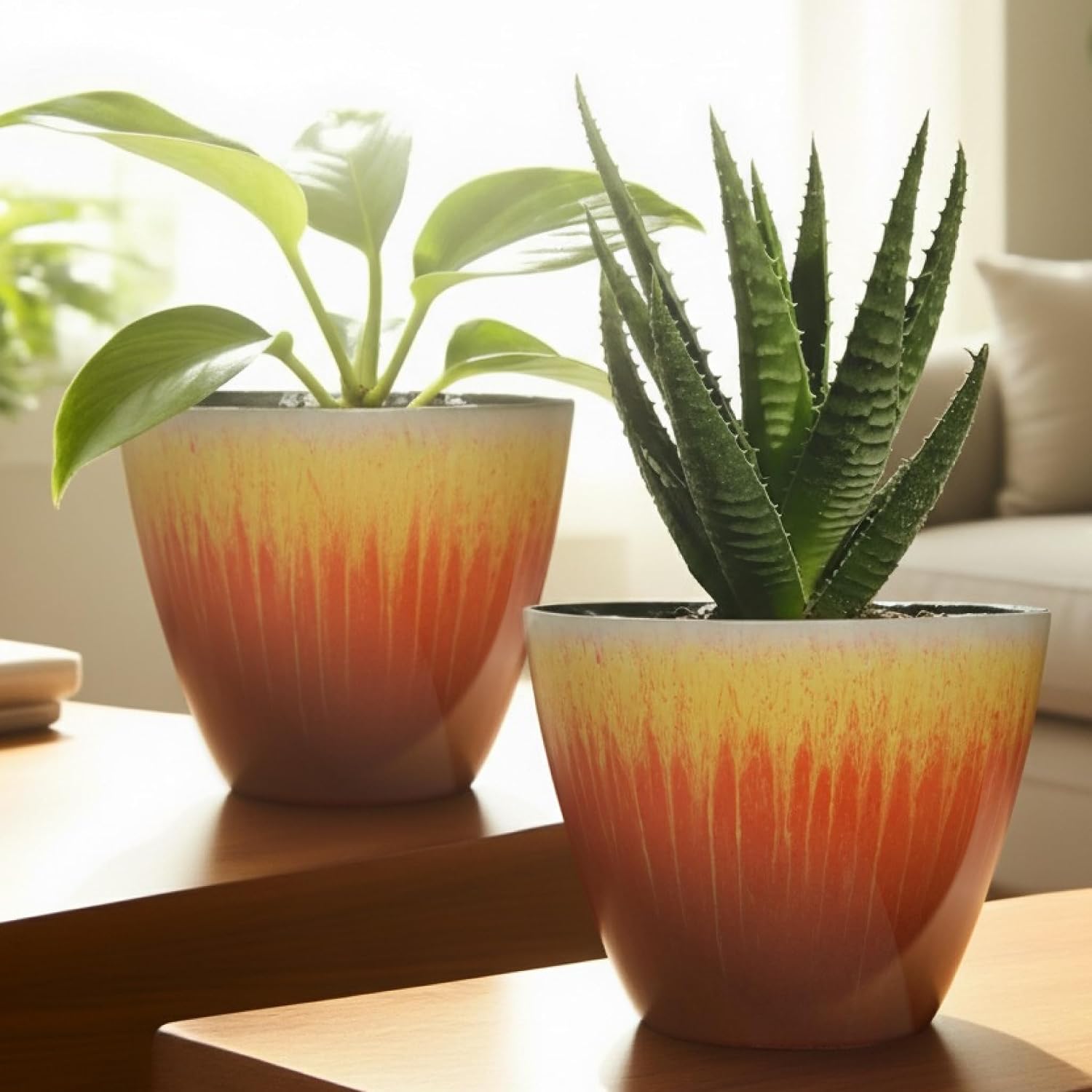 Plant Pots Pack of 4, 8 inch Plastic Flower Pots, Modern Glossy Finishing Planter for Indoor Outdoor Plants (Orange Glaze, 4 Pack) image 5