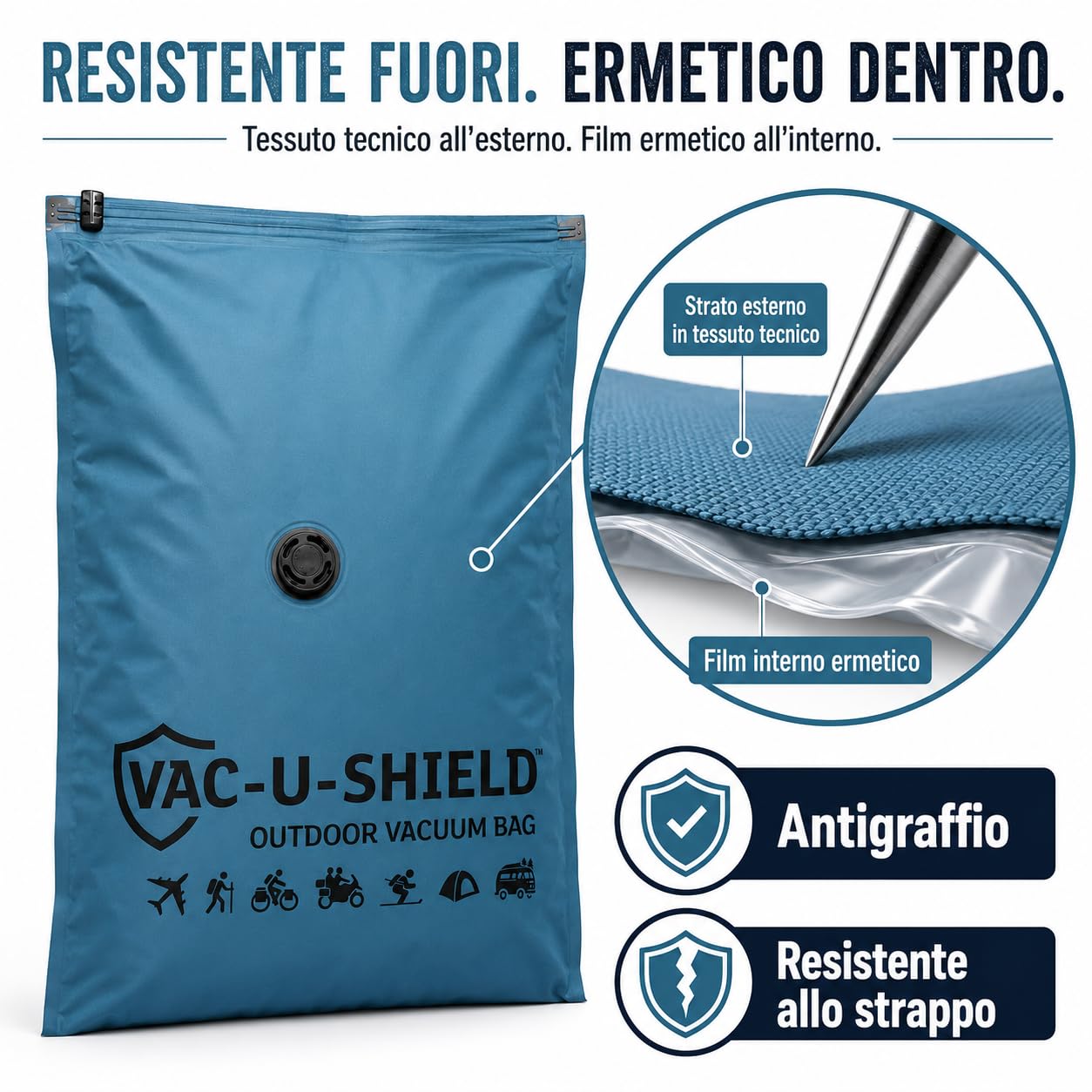 Vac-U-Shield Set 6 Sacchetti Sottovuoto Viaggio Outdoor 3 Misure S M L | 3 misure S M L in tessuto anti-graffio, valvola universale, compressione a mano o con pompa sottovuoto, lunga durata