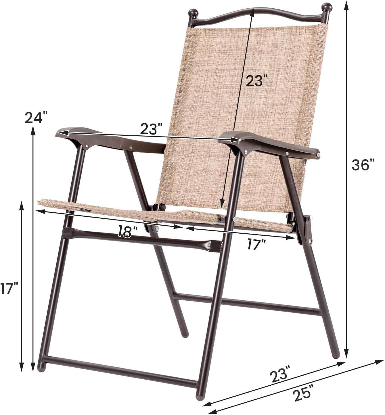 Tangkula Set of 2 Patio Folding Dining Chairs, Outdoor Sling Lawn Chairs with Armrests, Steel Frame, Portable Camping Lounge Chairs for Backyard, Deck, Poolside and Garden, No Assembly (1, Beige)