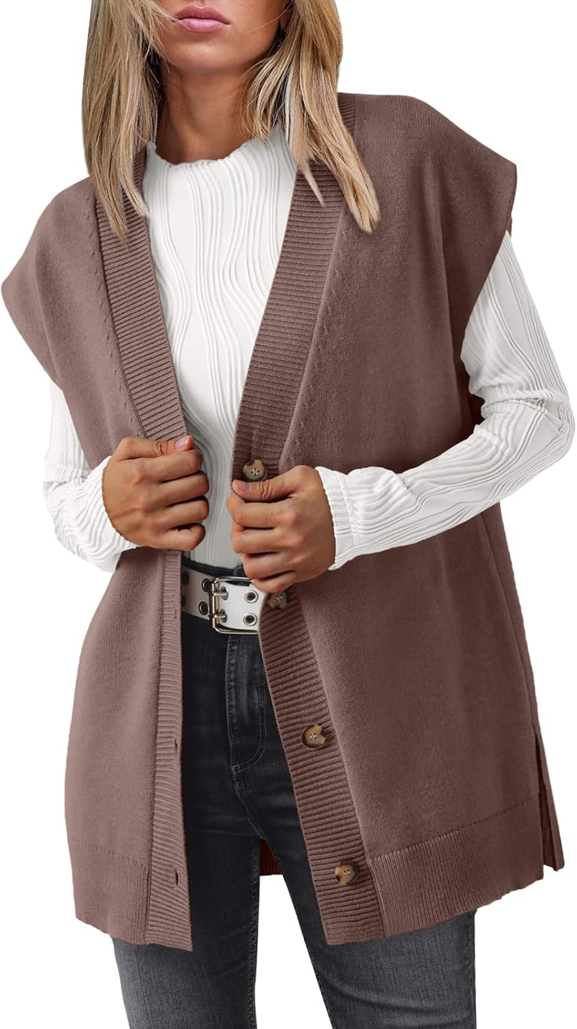 LILLUSORY Women V Neck Sweater Vest Oversized Long Cardigan Casual Vest Tops 2025 Trendy