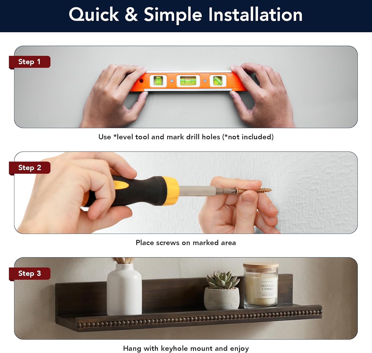 American Art Decor Beaded 2-Piece Floating Wall Shelf Ledge Set, Kona Dark Brown Shabby Chic Carved Picture Ledge Shelves with Lip, Decorative Wall Ledge for Nursery, Gallery, or Living Room Display