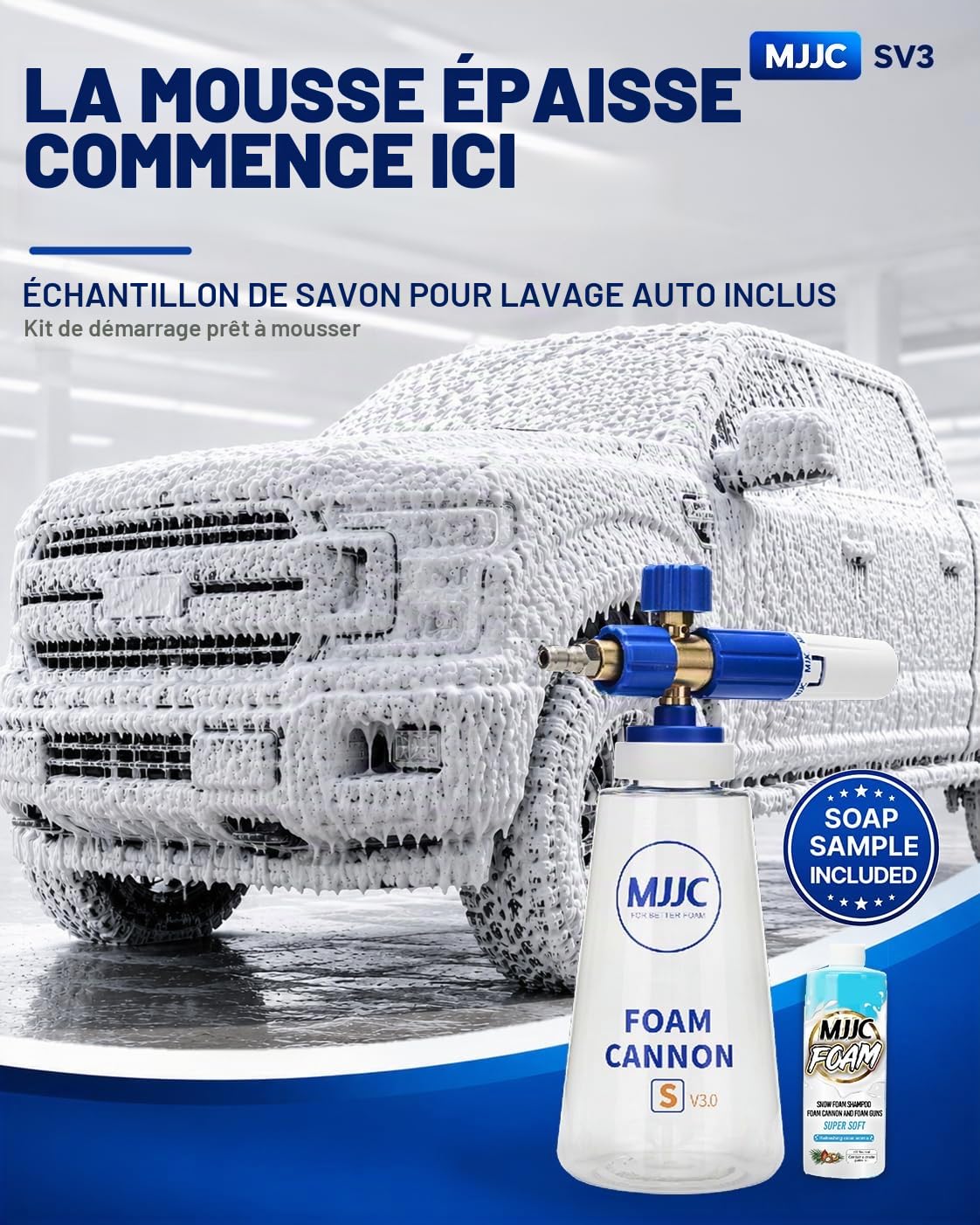 MJJC Canon à Mousse S V3.0 (Technologie de Mousse de Neige Plus épaisse) avec connecteur Rapide de 6,35 mm pour Nettoyeur Haute Pression, Bouteille de 963,9 g (V3.0 (connecteur Rapide de 6,35 mm) +