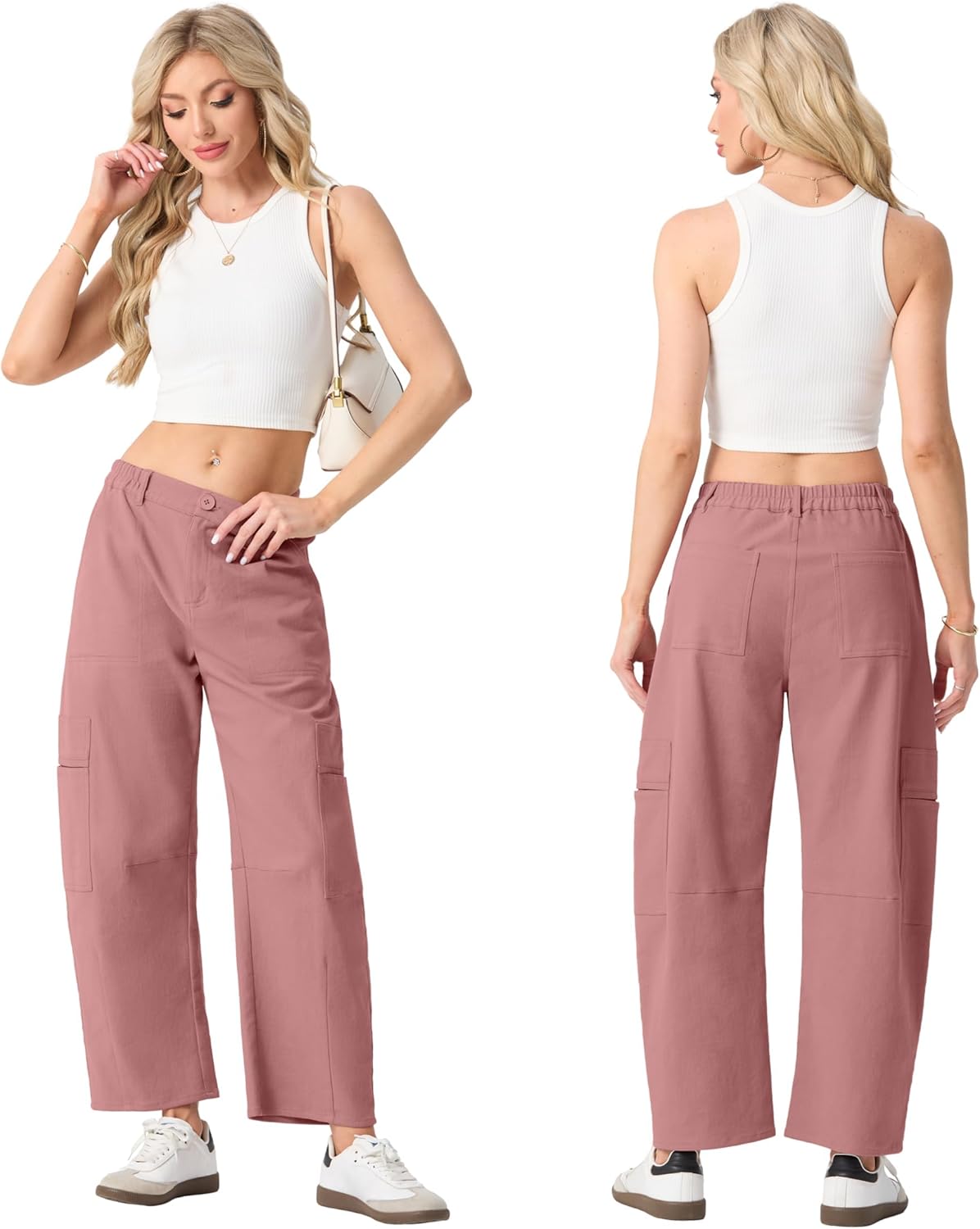 Lepunuo Womens Barrel Cargo Pants Casual Baggy Stretchy Elastic Waisted Wide Leg Jeans Y2k Streetwear with 6 Pockets - Image 4