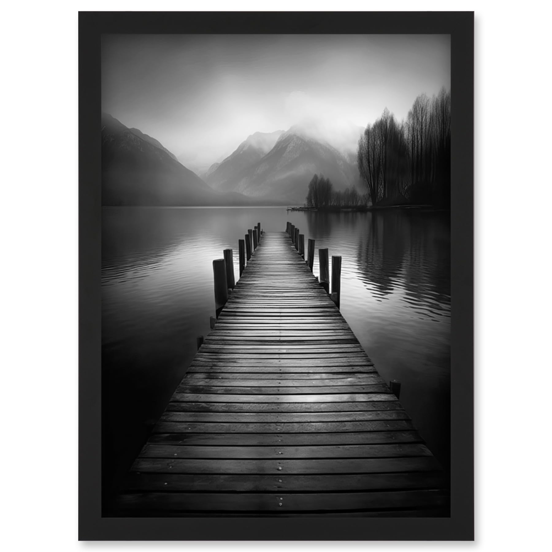 Artery8 Lake Pier Mountain Landscape Black and White Photo Artwork Framed Wall Art Print A4
