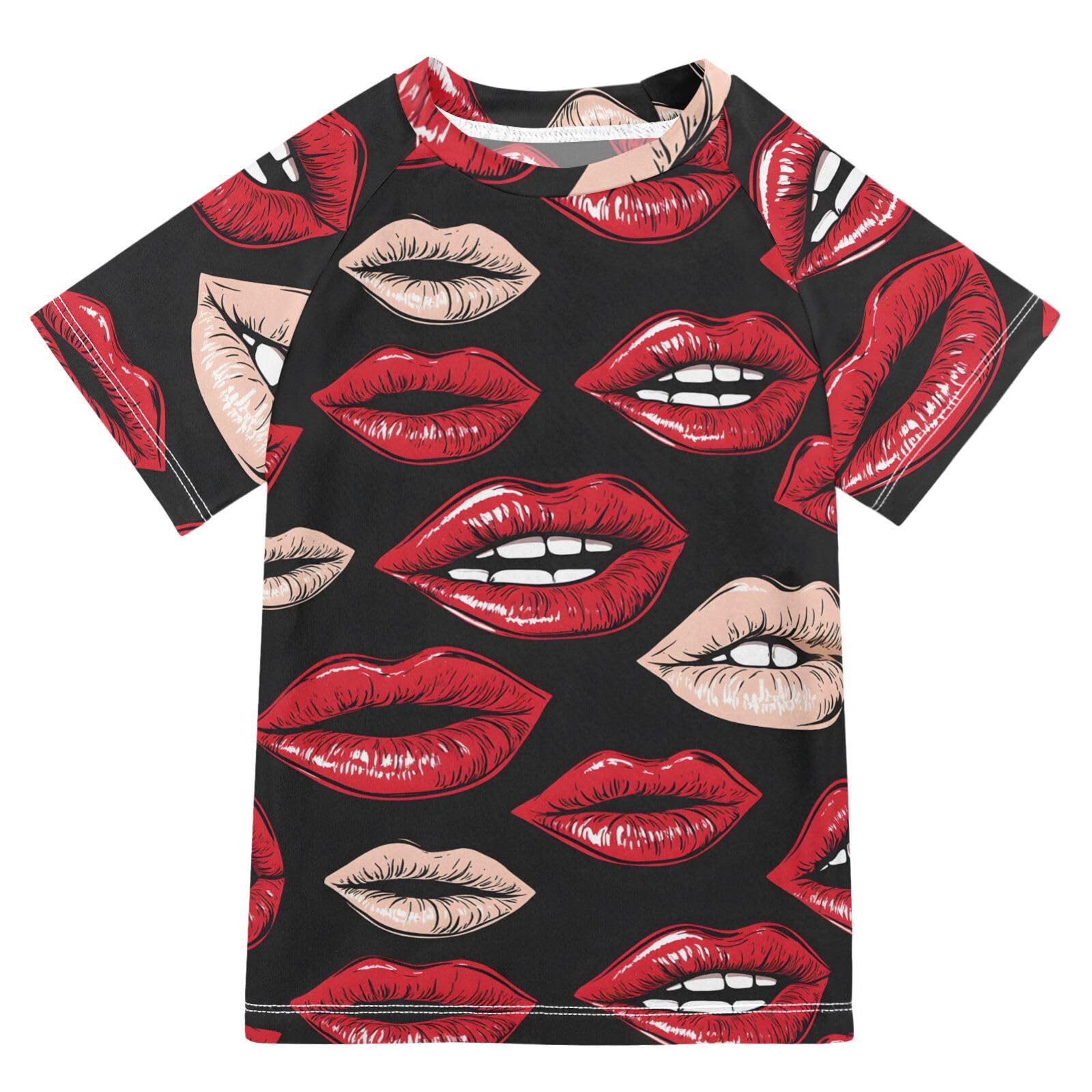 ALAZA Boys Swim Shirts Toddler Rash Guard Short Sleeve Rashguard Red Lips 1 UPF 50+ 11-12T