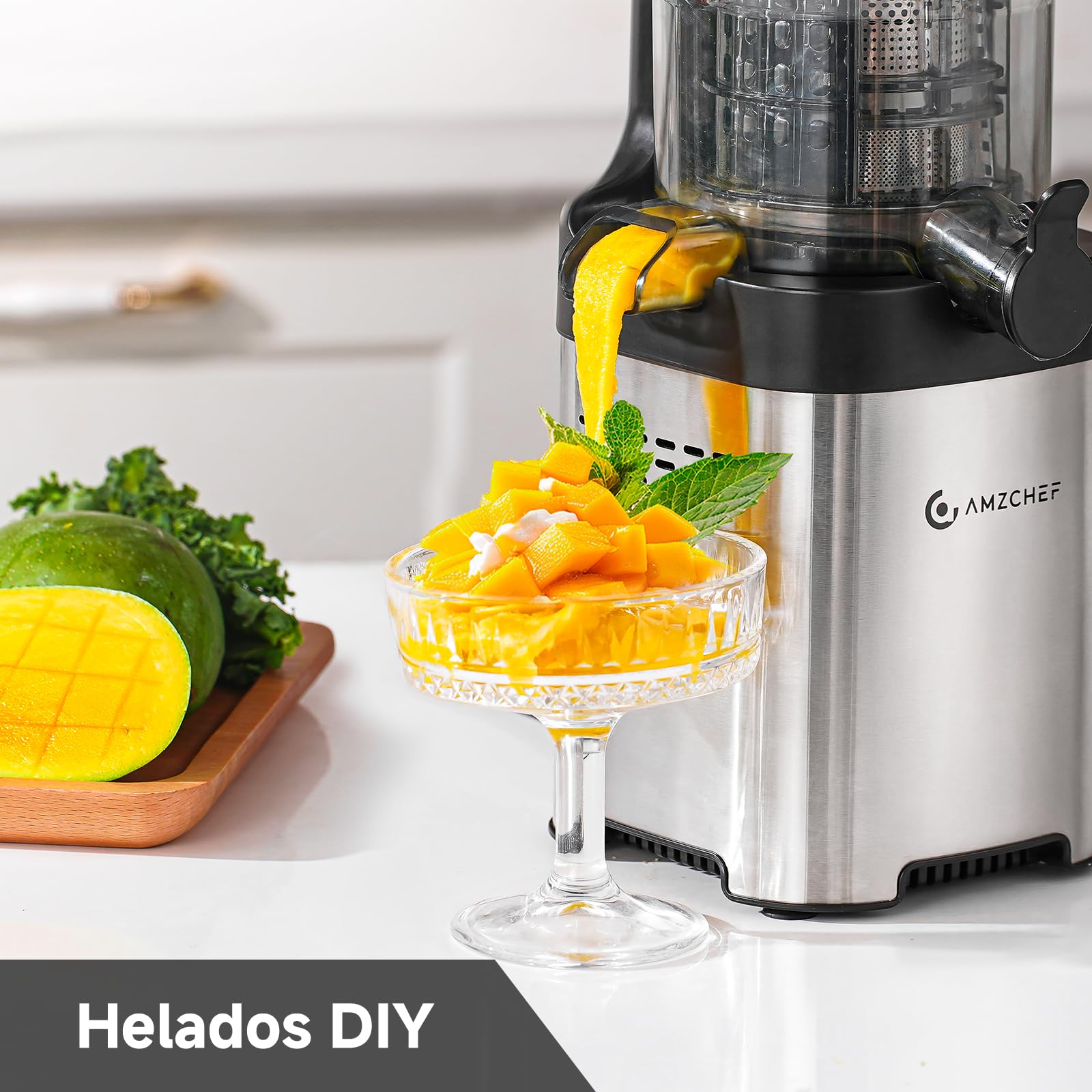 AMZCHEF Licuadora con dos barrenas para alimentación automática y masticación para manos libres - Extractor con apertura de 135MM y 2L capacidad para verduras y frutas enteras
