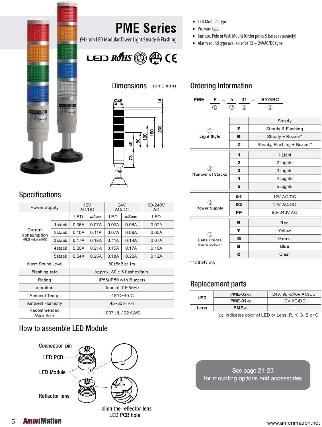 PME-101-G, Tower Light, 45mm LED 1 Stack, Steady, 12VAC/VDC, Green Lens