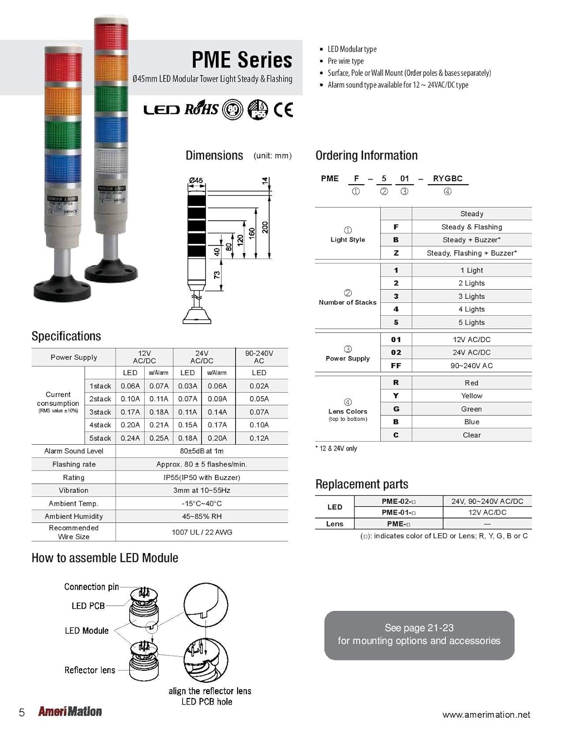 PMEZ-202-RY, Tower Light, 45mm LED 2 Stack, Steady and Flashing, 24VAC/VDC, Red and Yellow Lens with Built-in Buzzer