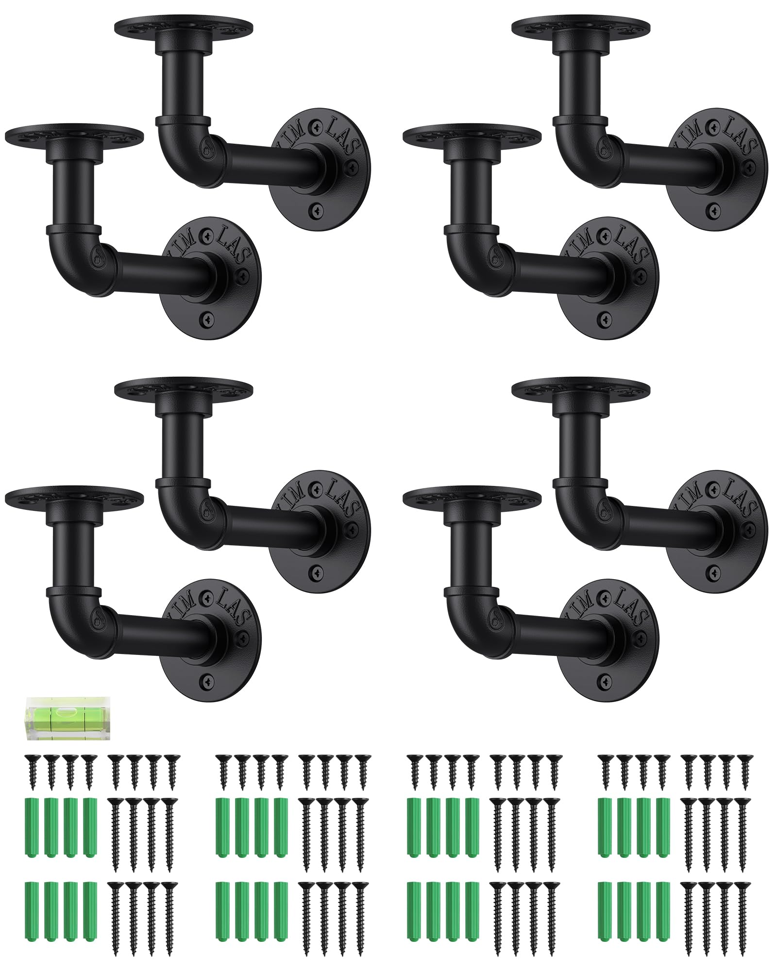 eSynic 8 soportes de estante de tubería industrial, soportes de tubo negros para estantes, soporte flotante de metal de 1,27 cm para tablero de andamio (15 x 8 cm) con un nivel de burbuja