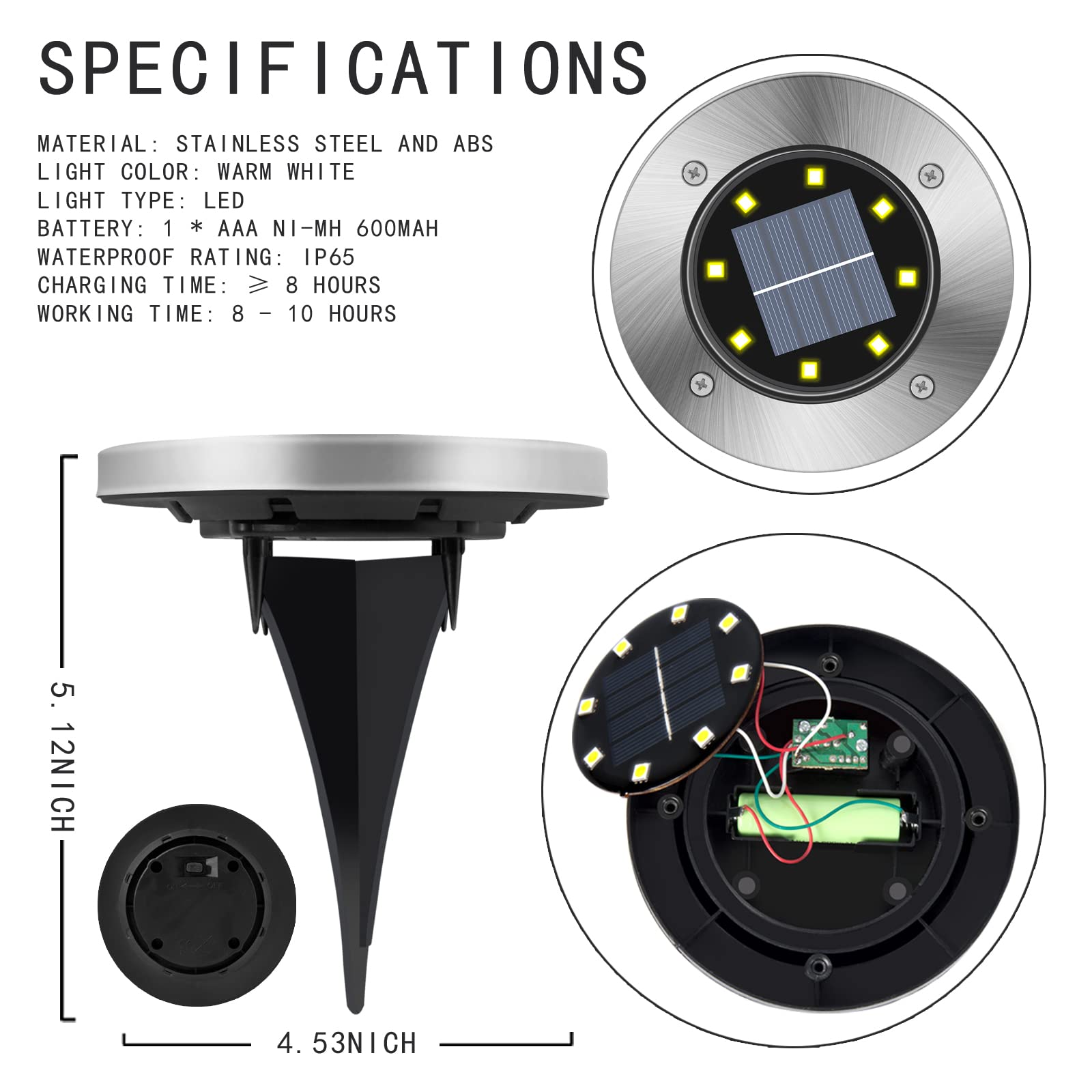 MOCOST Confezione da 8 luci solari da terra, 8 LED intelligenti, luci solari a disco, lampada impermeabile per esterni, per cortili, giardini, prati, marciapiedi (bianco freddo)