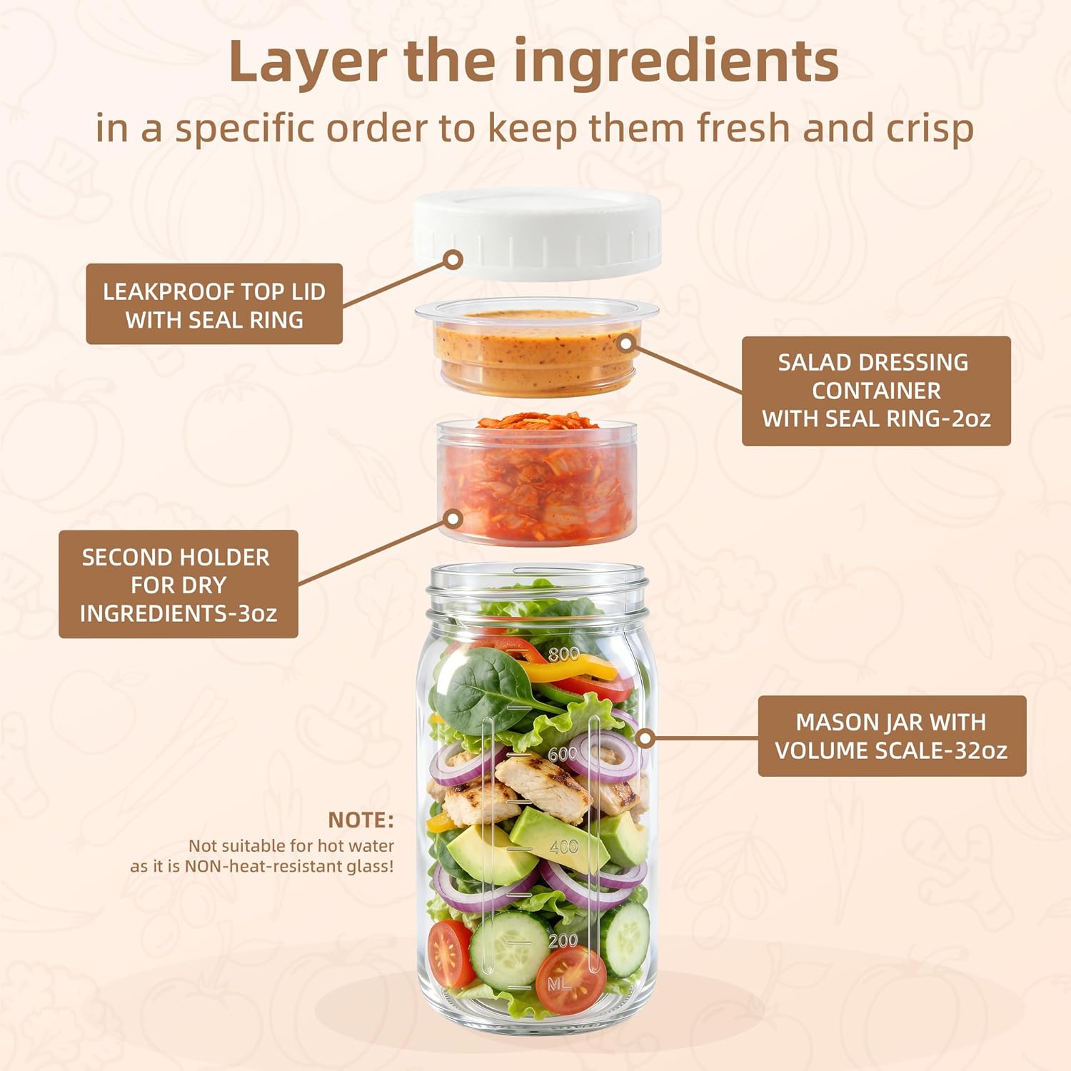 4Pack Glass Salad Jars with lids meal prep- 32oz Leakproof container for lunch | Comes with 2 Built-In Compartments for Wet/Dry Separation | salad dressing and dry ingredients storage. - Image 2