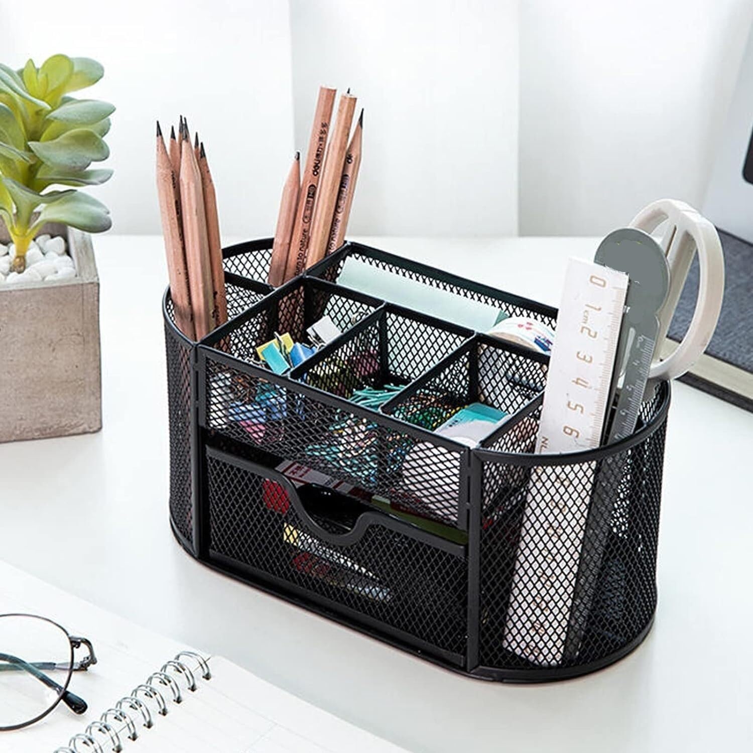 Metalowy organizer na biurko | Czarny organizer na biurko o wymiarach 4,4 x 4,2 x 8,6 cala