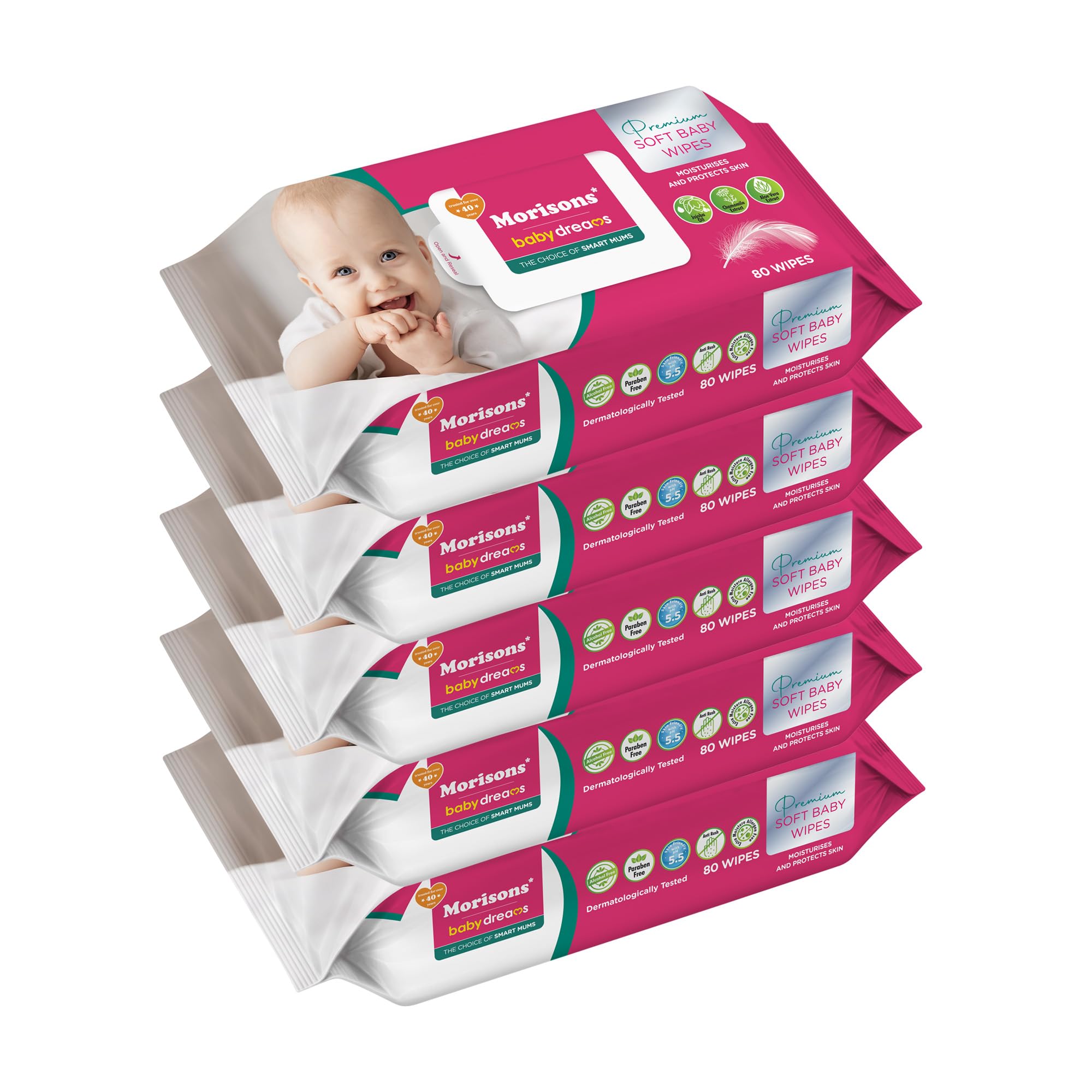 Morisons Baby Dreams Premium Soft Cleansing Baby Wipes enriched with Aloe Vera and Vitamin E - Pack of 5-image-17