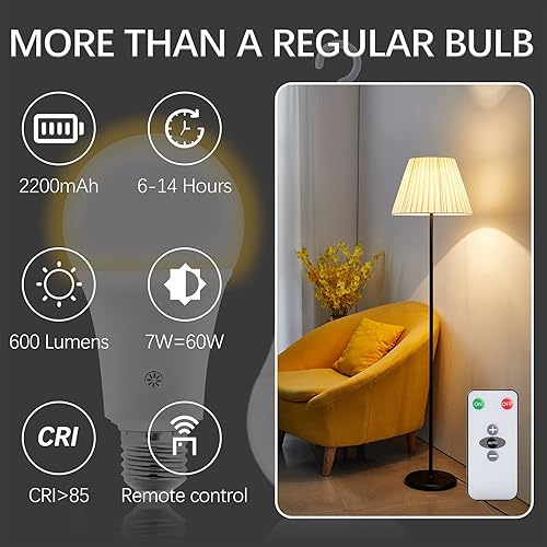 Miniatura 4 de Texsens - Bombilla LED de emergencia, recargable, 7 W, 600 lúmenes, 3000 K, E26, lámpara alimentada por batería con ganchos y control remoto para