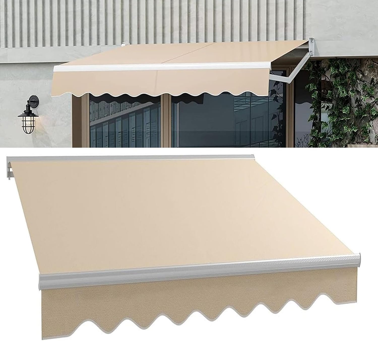 Manual Retractable Garden Patio Awning Replacement Fabric，Outdoor Sunshade Awning Cover Canopy Canvas，Manual Patio Awning Retractable Canopy Outdoor Sun Shader(Khaki,4.5x3m(14.7x10ft))