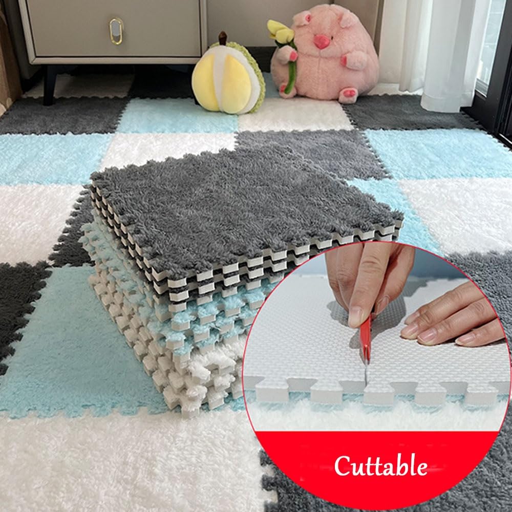Hiseng 10 Pezzi Tappetini Puzzle in Peluche Morbidi Tappeto Gioco Bambini Puzzle 30x30cm Tappetino puzzle Piastrelle ad Incastro in Schiuma per Soggiorno, Camera da Letto