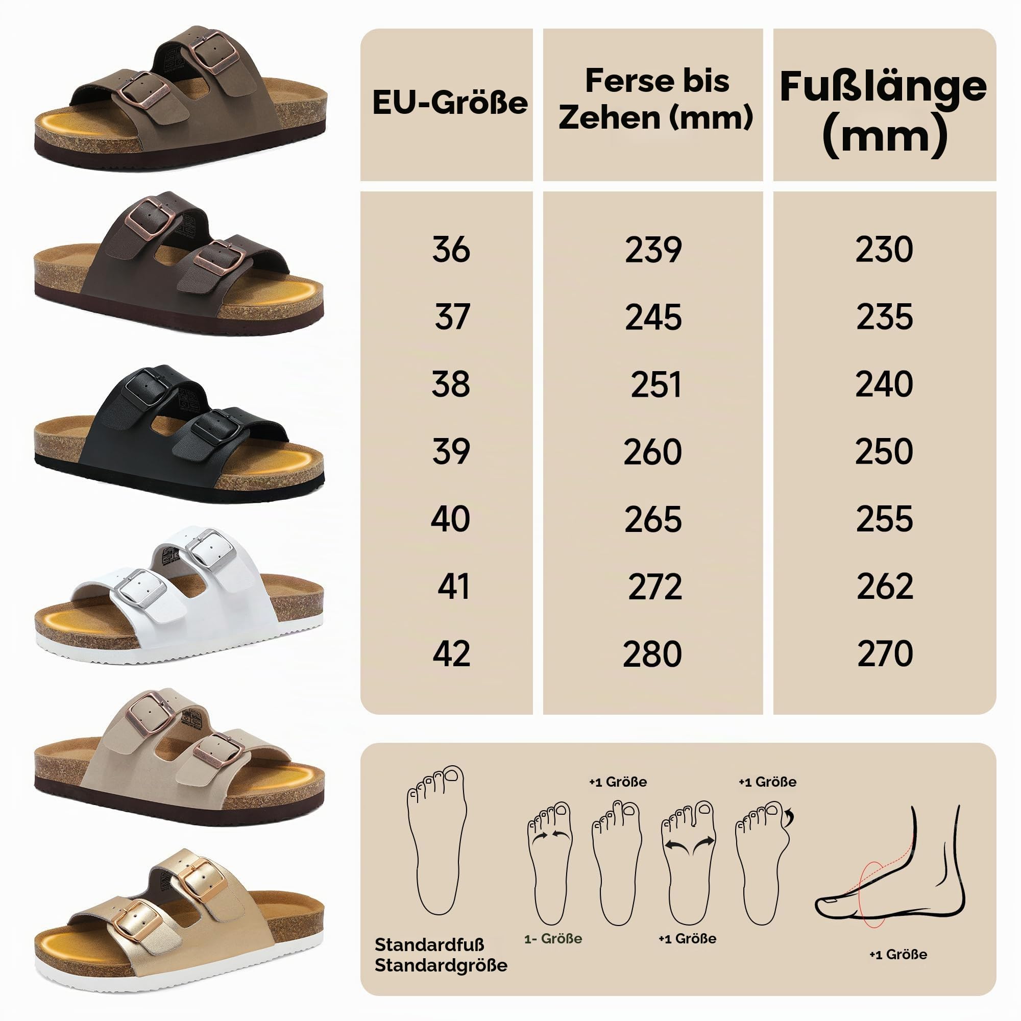 Wizshoe Pantoletten Damen Korkfußbett Sandale Clogs Leder Slide Gr.36-42 | Schlupfsandalen Hausschuhe Sandalen Strand mit Verstellbarer Schnalle Frauen Latschen Memory-Schaum Bequem