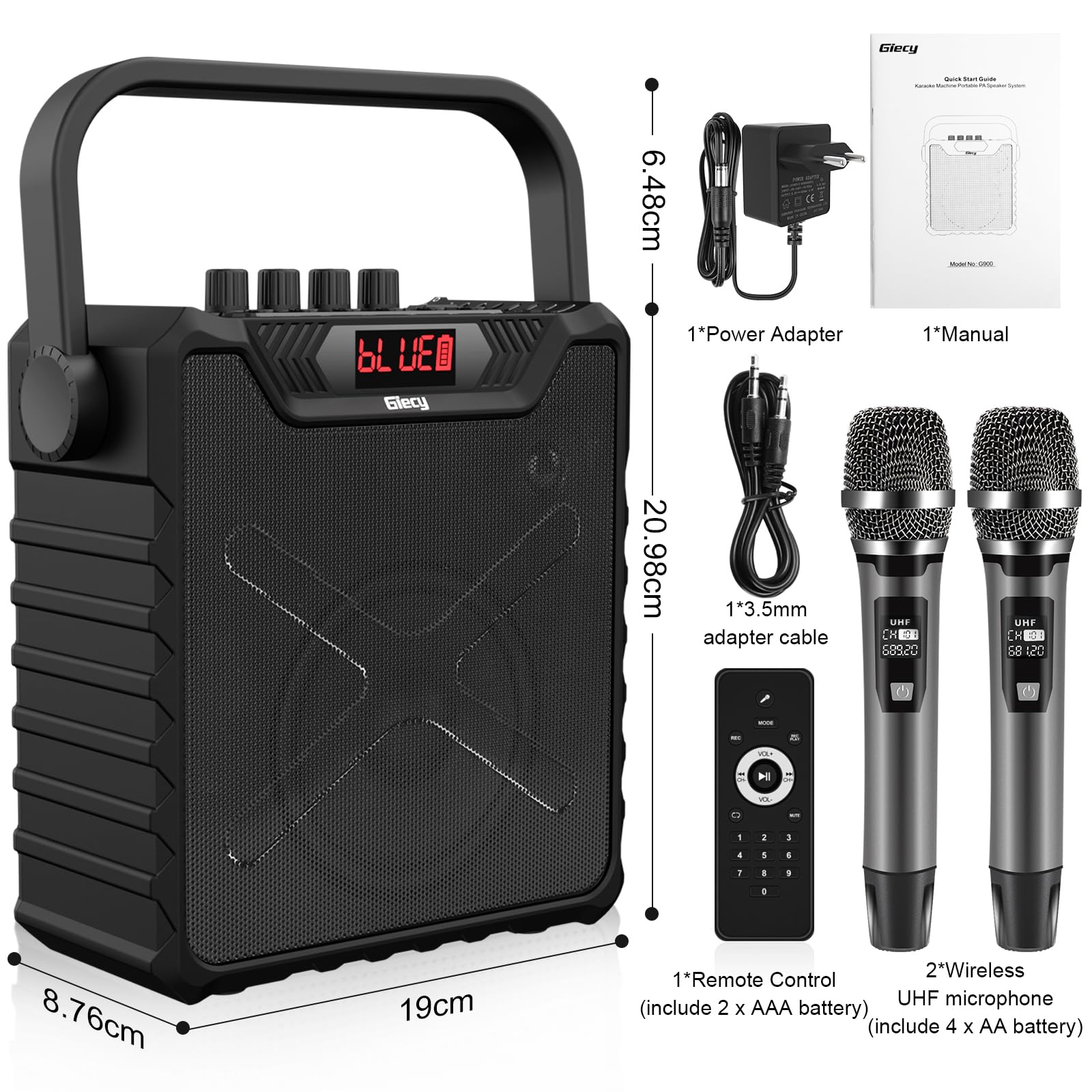 Amplificateur De Voix Portable avec Microphones sans Fil UHF et Sac de Transport,Machine Karaoké avec Renforcement des Basses, USB/TF/AUX/FM,Enceinte Bluetooth pour Adultes et Enfants