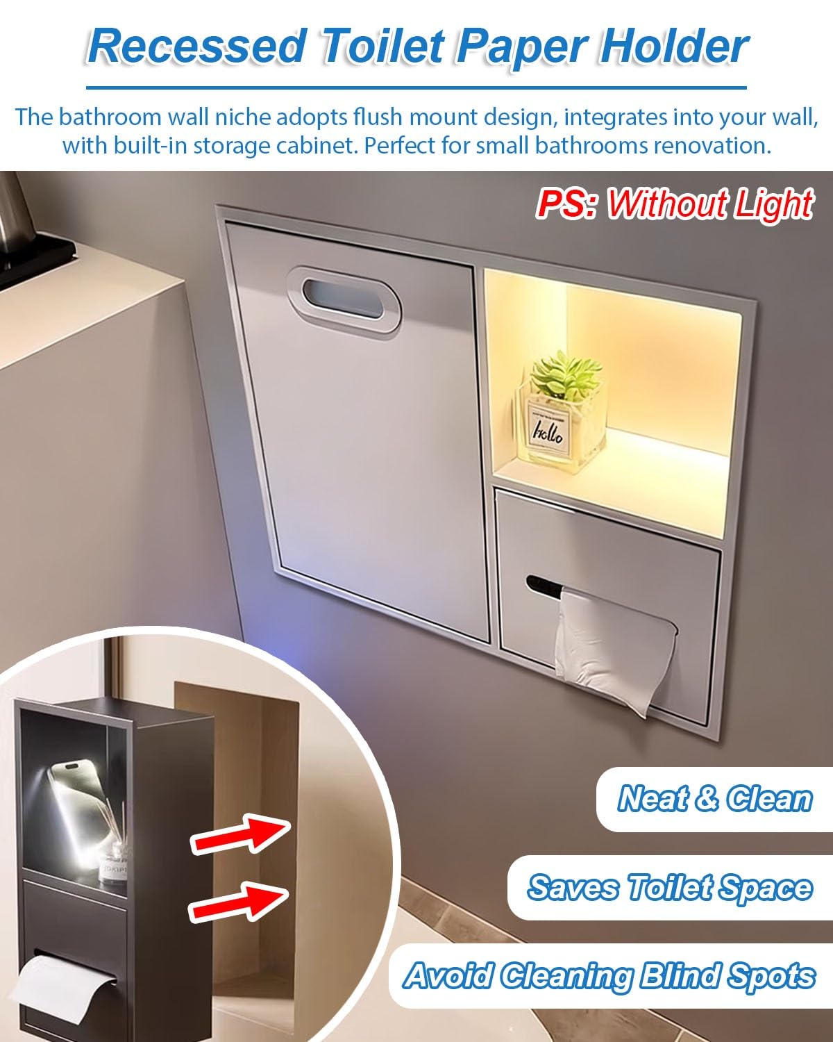 Soporte para Papel higiénico Empotrado en la Pared con Estante, Soporte para Papel higiénico Empotrado, nicho para Papelera Integrado, Inserto para nicho de Papel higiénico para co