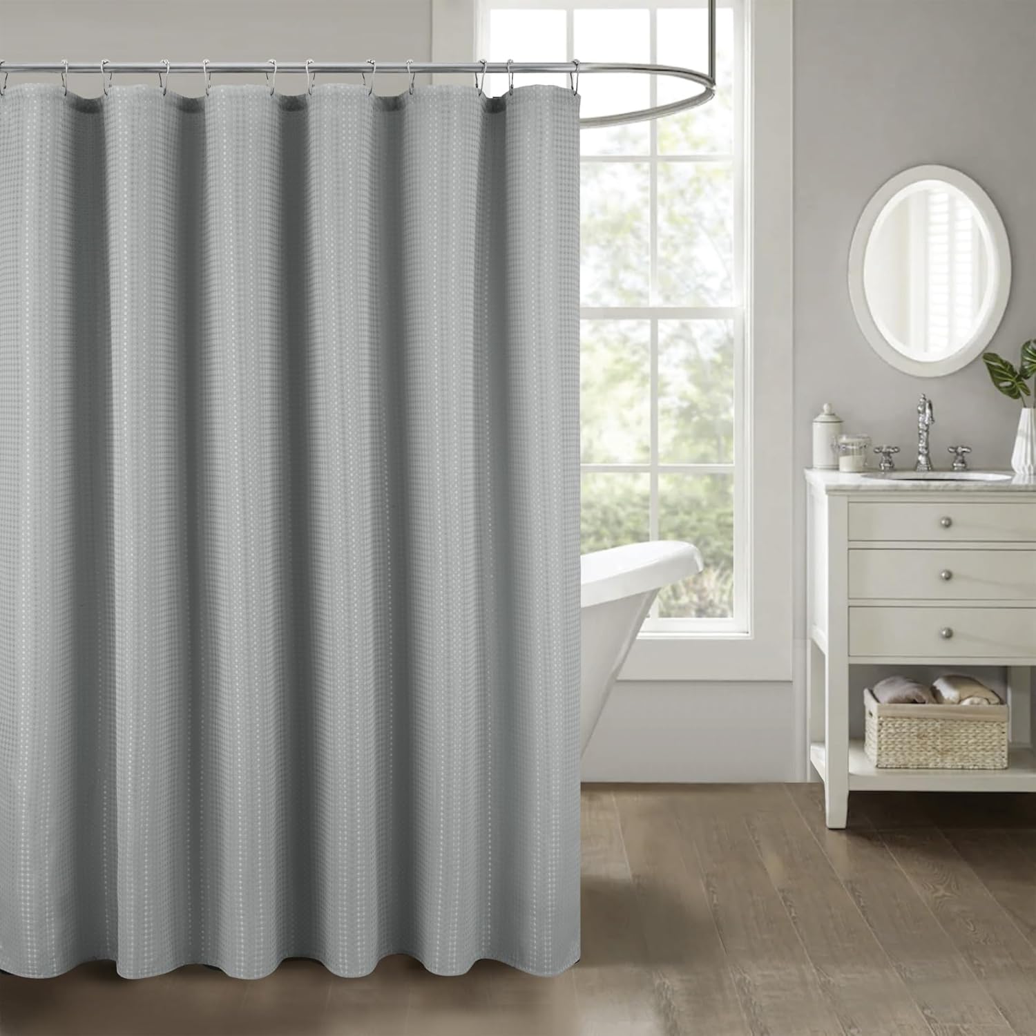 Serafina Home Fabric Shower Curtain for Bathroom: Hotel Luxury Bento Waffle Box Jacquard Weave (Taupe Beige)