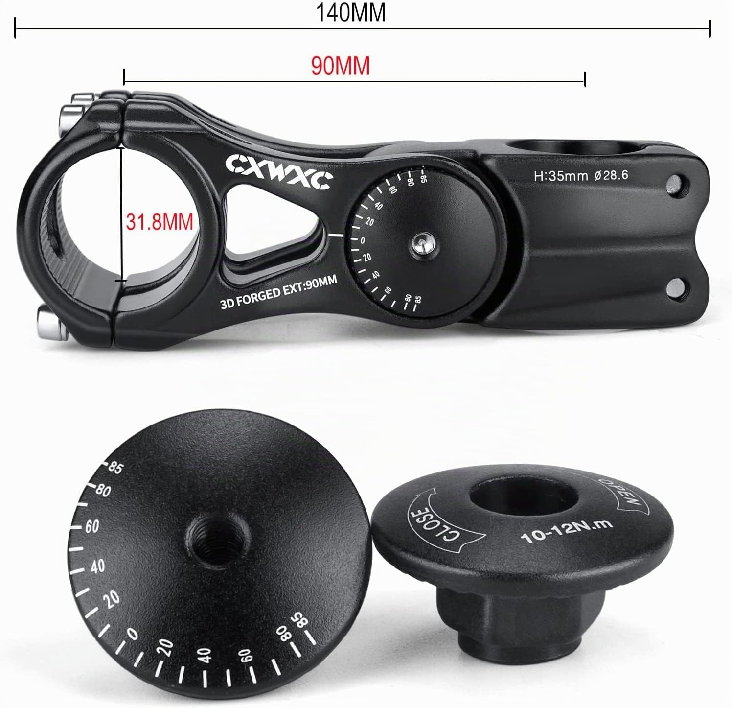 CXWXC Potence réglable pour VTT 31,8 mm 70 degrés – 90/110/145 mm – en alliage d'aluminium – Extension de guidon pour VTT, vélo de route, vélo de ville (31.8 x 90mm)