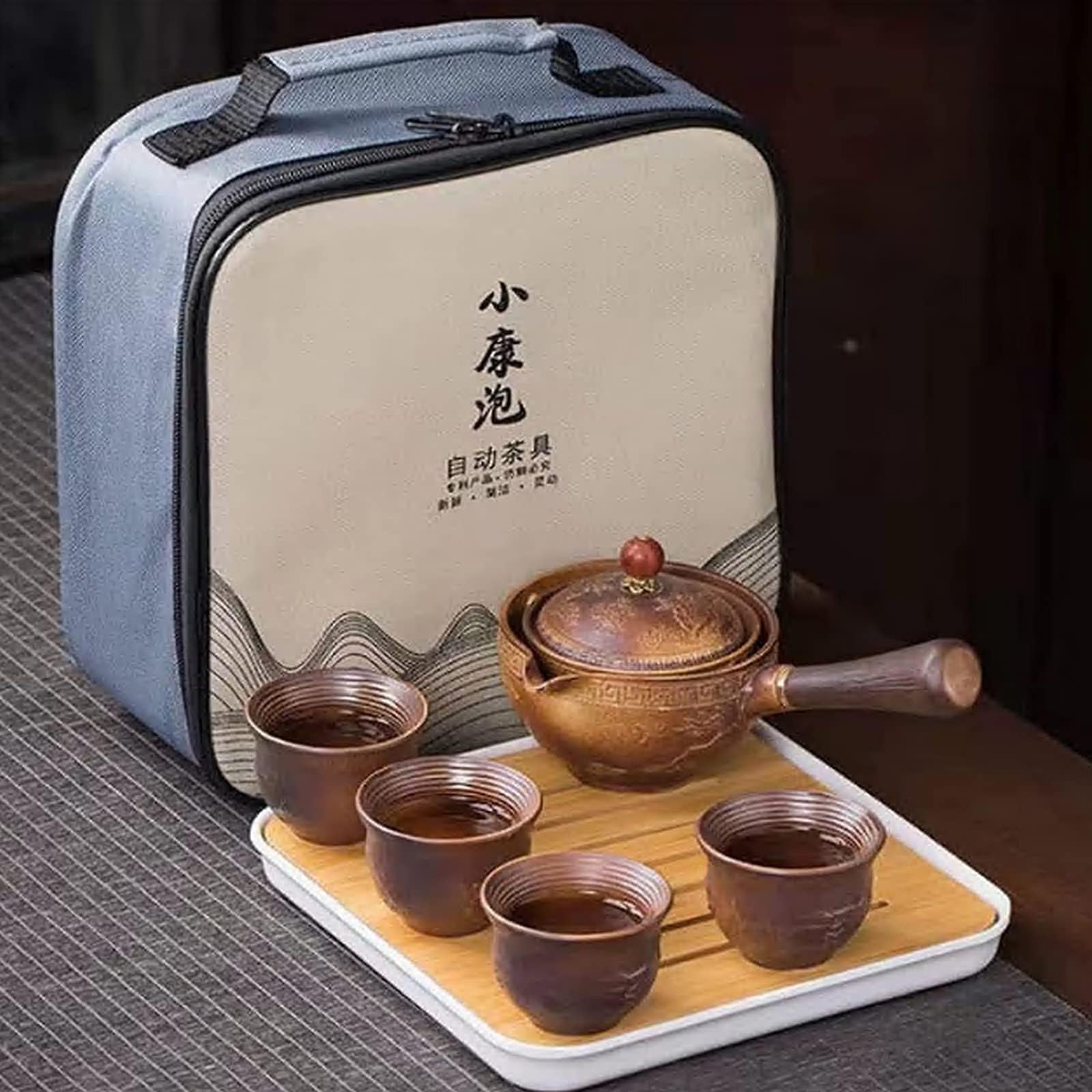 Youngky Porcelain Chinese Ceramic Gongfu Tea Set,Portable Travel Tea Set with 360 Rotation Tea maker and Infuser, All in One Gift Bag for Travel,Home,Gifting,and Office (Dragon Pattern)