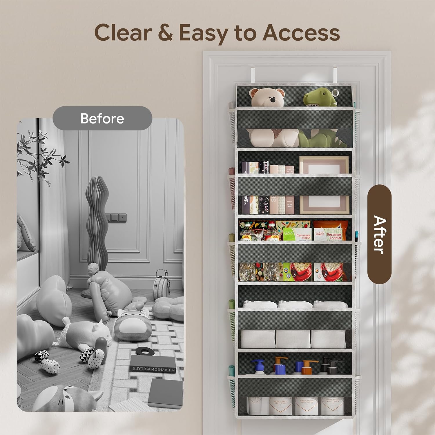 Simple Trending Over The Door Organizer with 10 Side Mesh Pockets, Hanging Storage Organizer with 5 Large Pockets, 50 lbs Weight Large Closet Organizer for Bedroom, Bathroom, Dark Grey