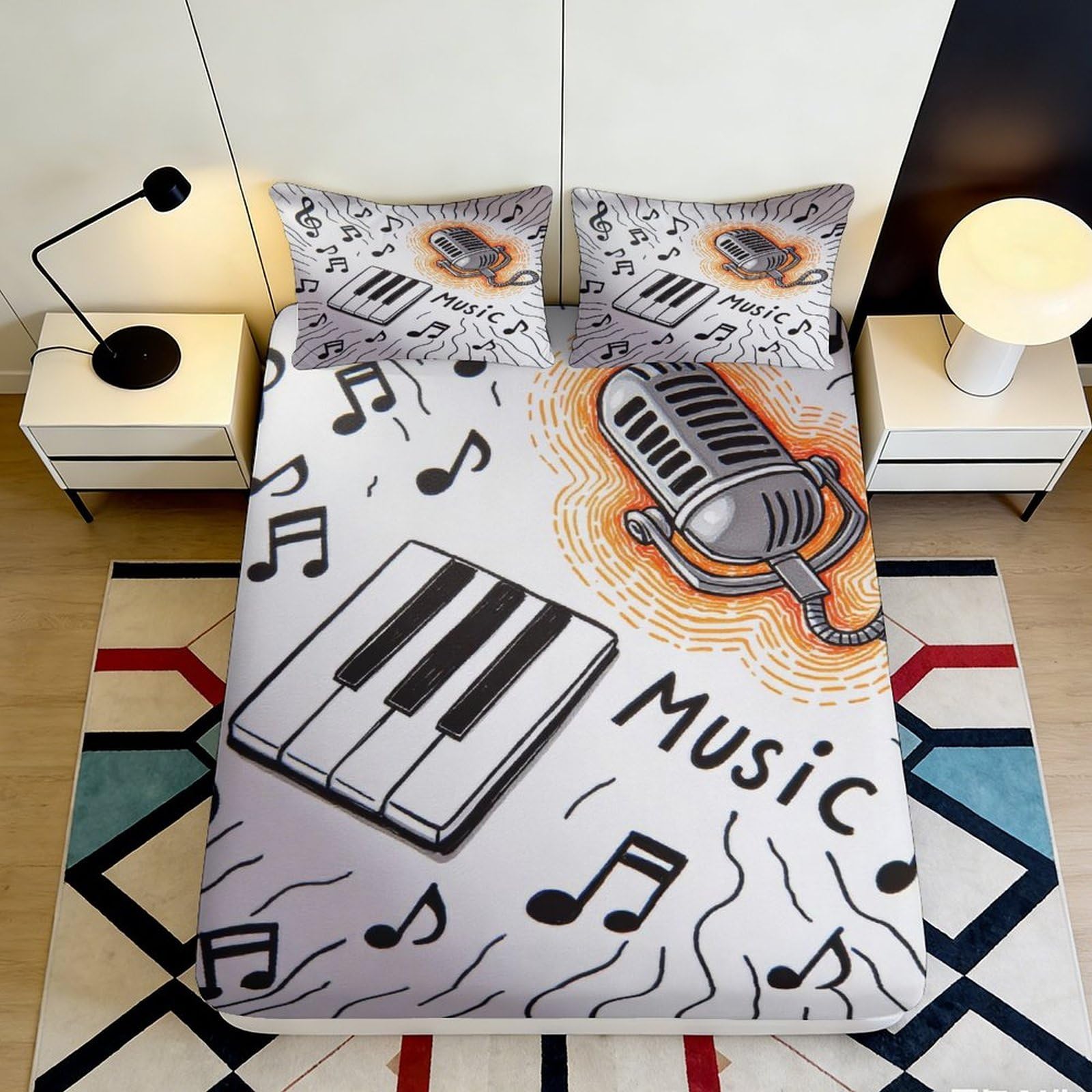 3D Printed Music Microfiber Fitted Sheet Soft Breathable Microphone Bed Cover with Piano Keys Notes Pattern for Bedroom Dorm Room Decor 200x200x25cm