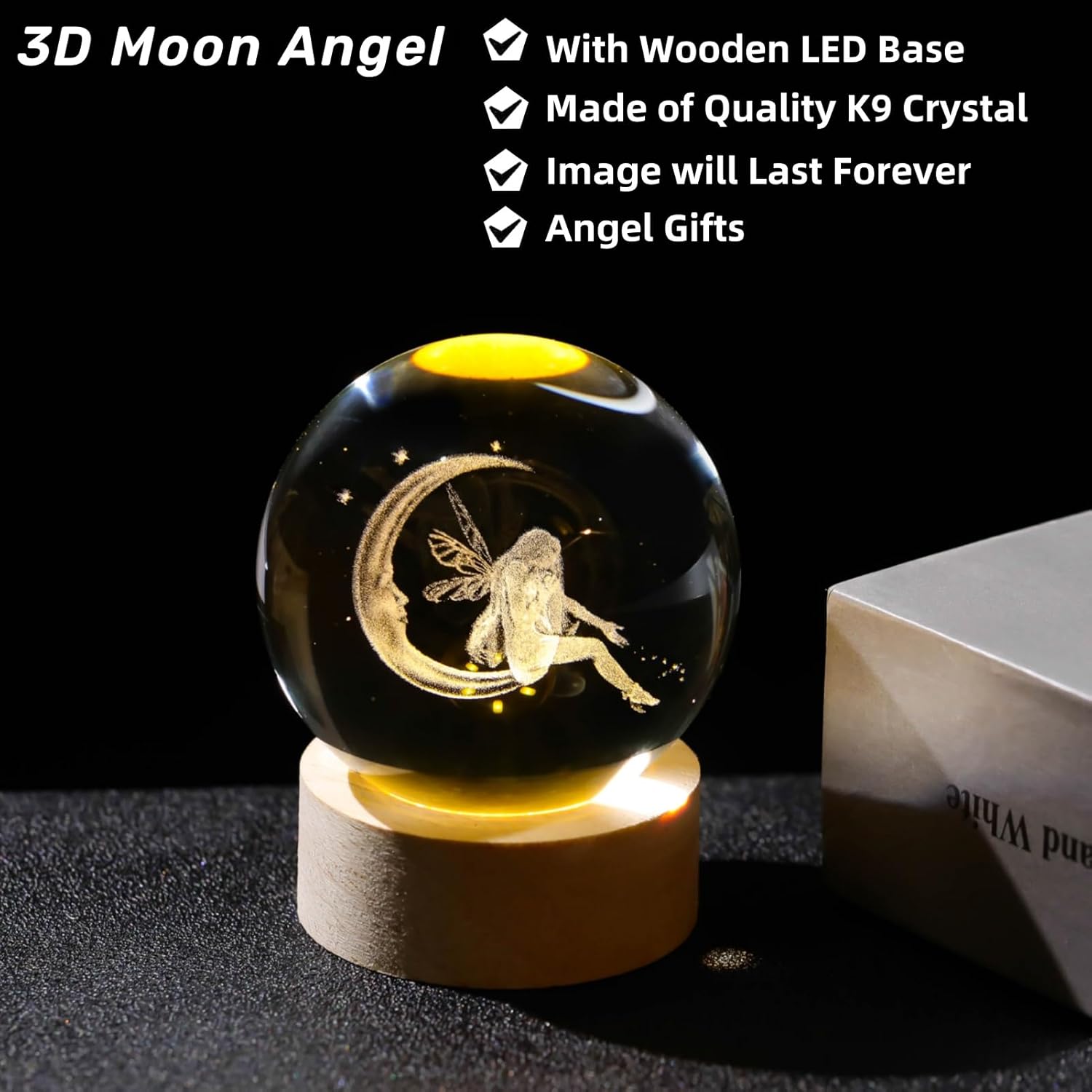 3D Moon Fairy Crystal Ball with Wooden Light Base, Moon Fairy Figurines Collection Gifts for Women, Night Light Home Decor