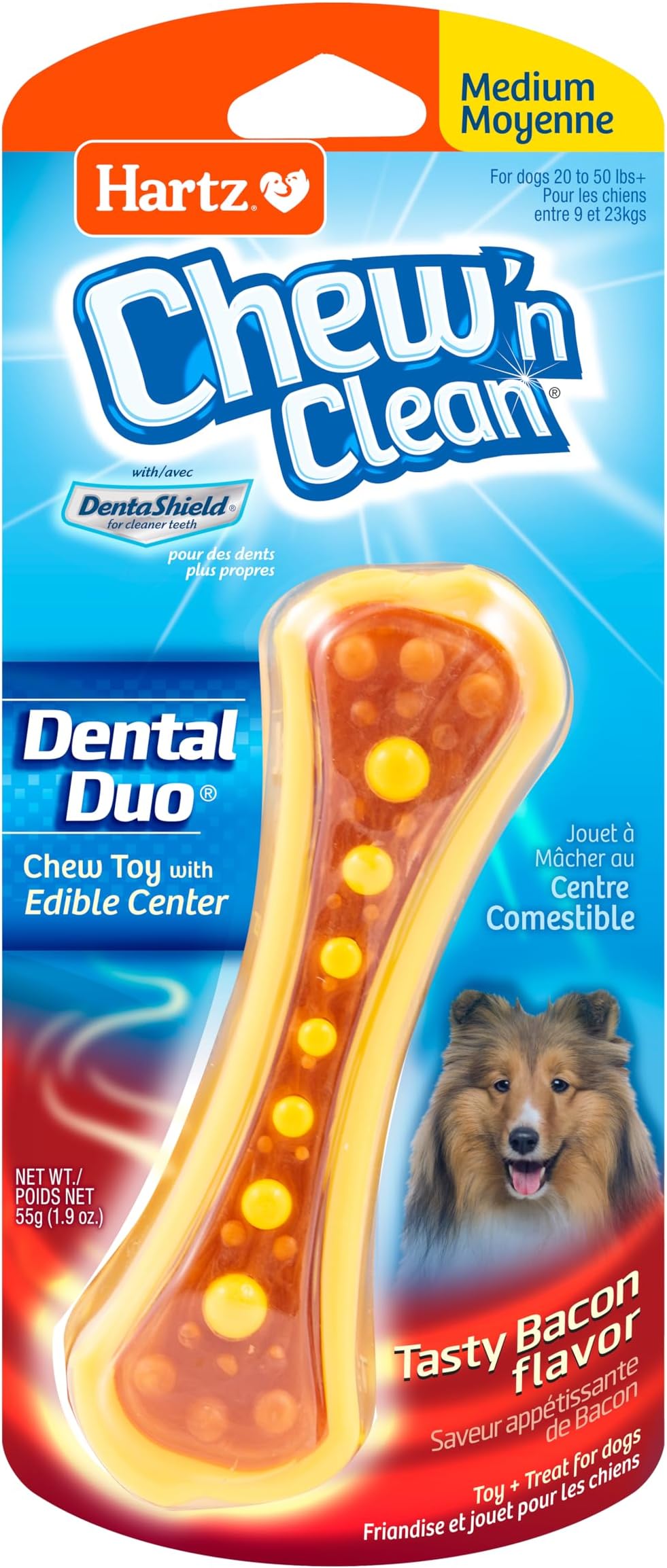 HARTZ Chew 'n Clean Dental Duo Bacon Flavored Dog Chew Toy - 1 Count(Pack of 1),Medium