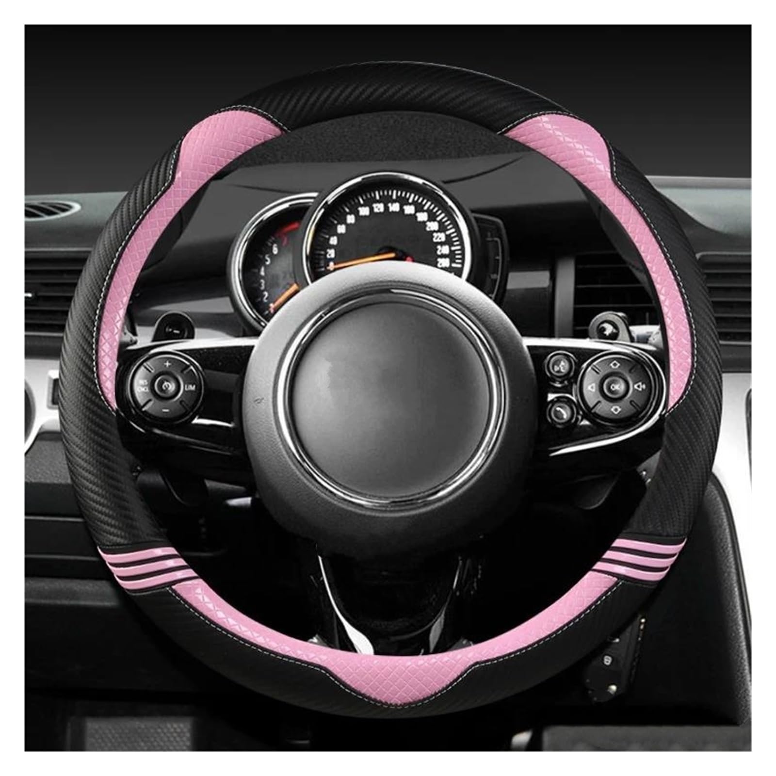 Car Steering Wheel Cover Carbon Fiber +Leather Car Steering Wheel Cover 38cm For MINI For COOPER For JCW F54 F55 F56 For F60 For R60 R61(PINK)