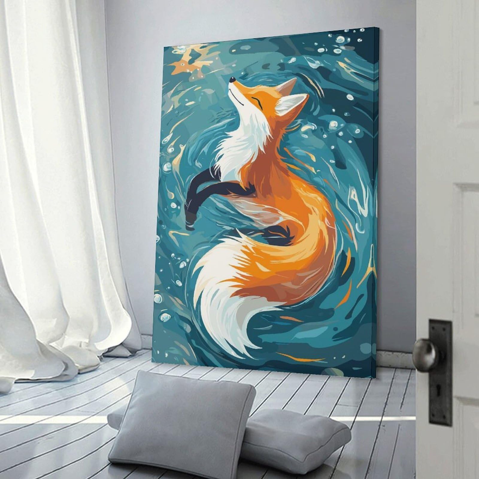 Junmoney Home Decor Wall Art Fox Floating in Water Illustration, 16x24inch(40x60cm), for Flats, Guest Rooms Or Compact Rooms, Wall Decor with Flexible Room Appeal