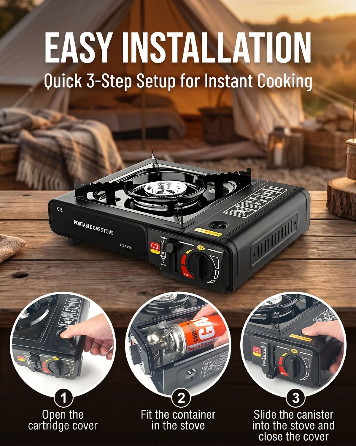 Réchaud à gaz de camping portable avec étui de transport, réchaud de camping coupe-vent avec allumage facile, réchaud à gaz d'extérieur compact pour pique-nique, camping et barbecue
