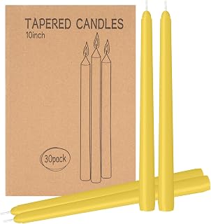 30 Pack Yellow Taper Candles - Taper Candles 10 Inch Dripless, Smokeless & Unscented - 8 Hours Long Burning - Ideal for Weddings, Dinner Parties, and Home Decor