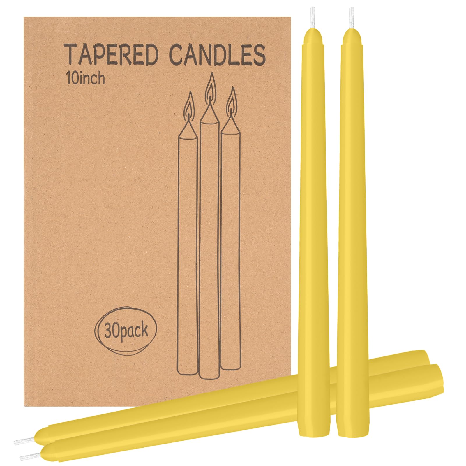 30 Pack Yellow Taper Candles - Taper Candles 10 Inch Dripless, Smokeless & Unscented - 8 Hours Long Burning - Ideal for Weddings, Dinner Parties, and Home Decor