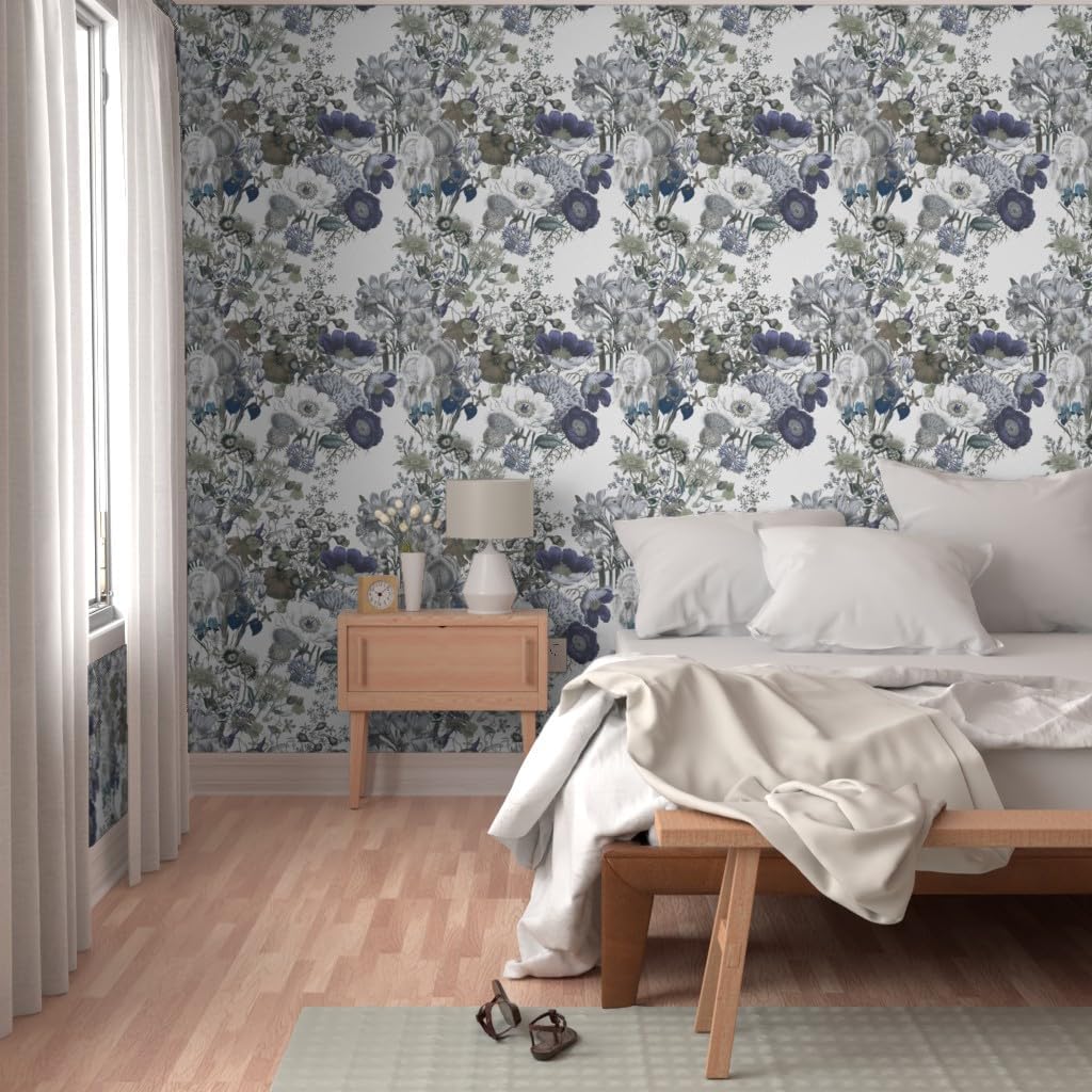 Removable Wallpaper 9ft x 2ft - Green Blue Flowers Brown Floral Grey Graphic Custom Pre-Pasted Wallpaper by Spoonflower