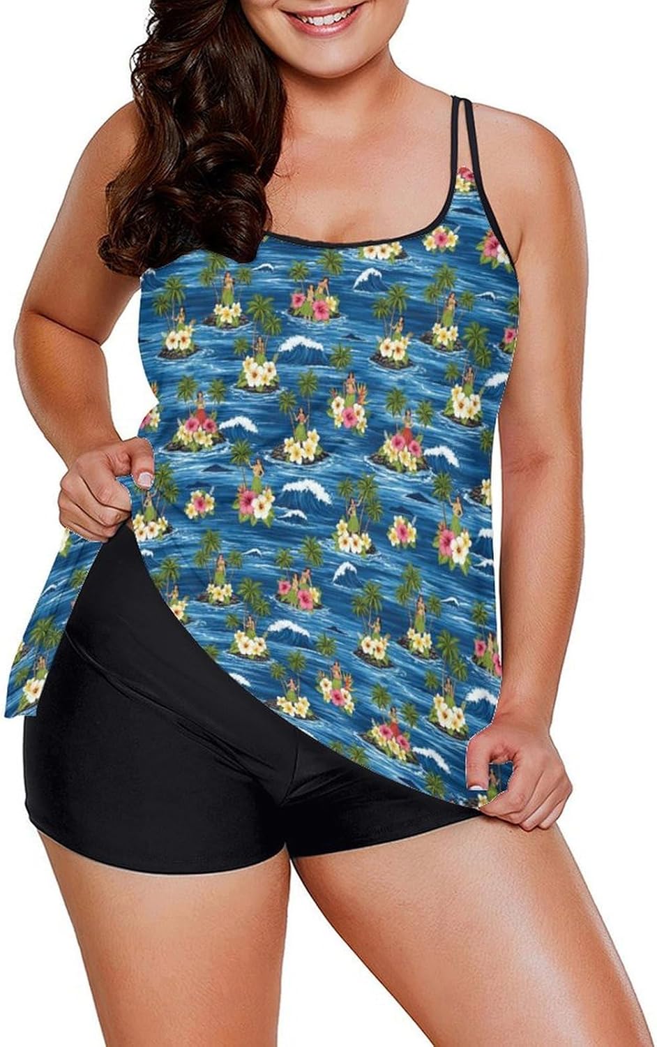 Two Piece Tankini Swimsuits for Women Tummy Control Plus Size Bathing Suits Bananas Flowy Swim Tops with Boyshorts 5XL